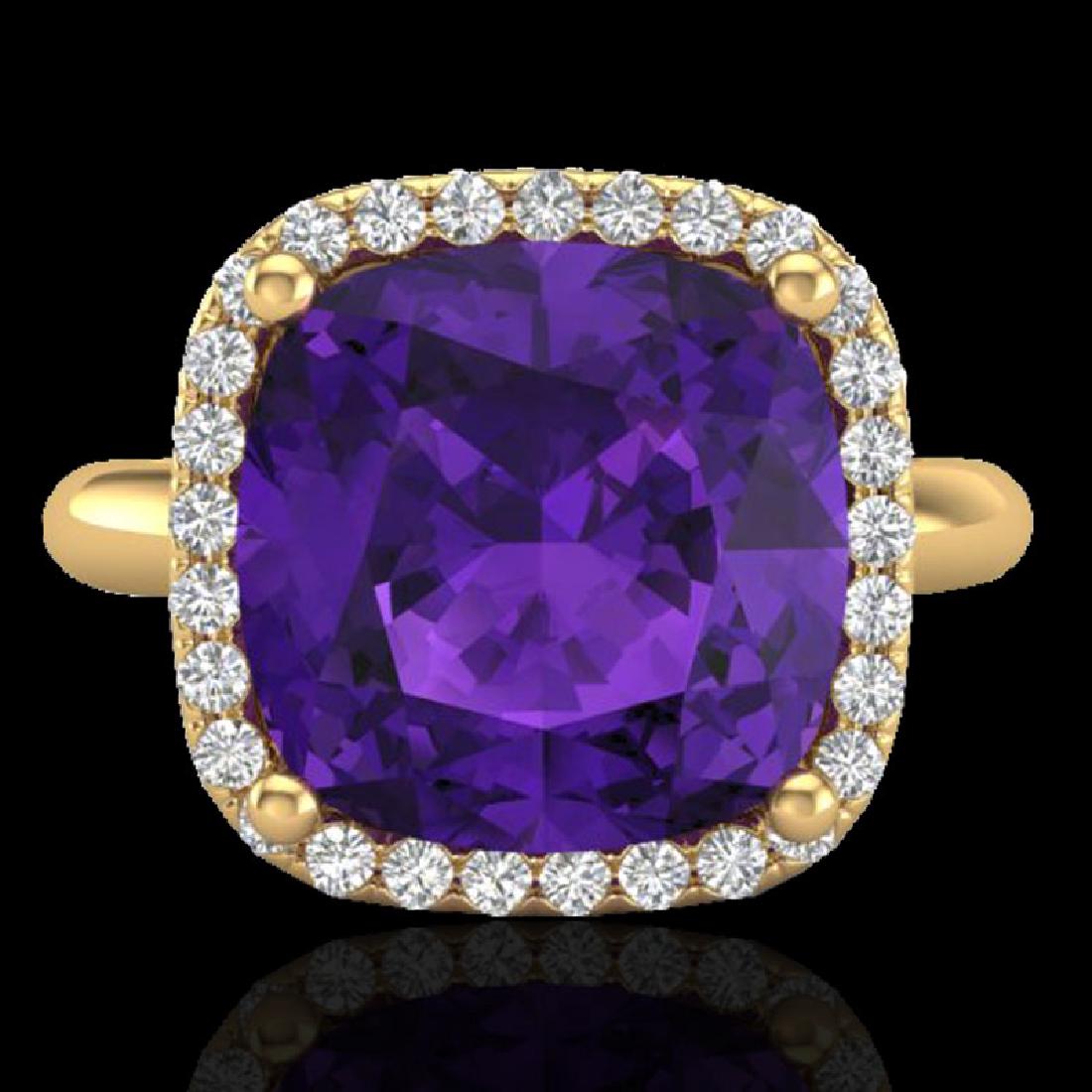6 CTW Amethyst & Micro Pave Halo VS/SI Diamond Ring: 23093 - REF-56K7W ---- 6 CTW Amethyst & Micro Pave Halo VS/SI Diamond Ring Solitaire 18K Yellow Gold ---- Luxury Designer Brand Ring Appraised at $4,050 Certificate Number US23093 18k Yellow gold, Rin