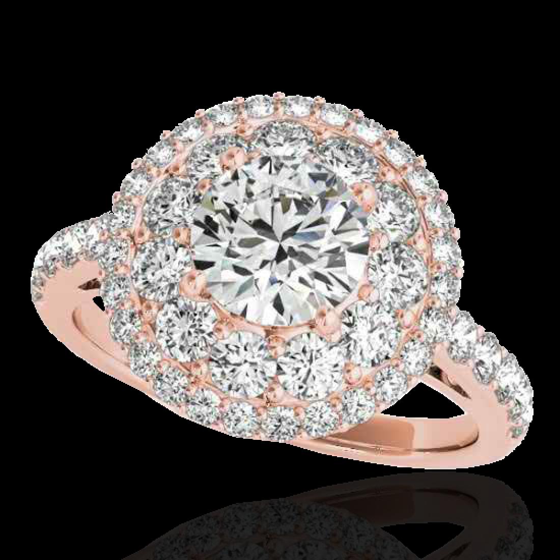 2.09 CTW H-SI/I Certified Diamond Solitaire Halo Ring: REF-220F2N -33689 ---- 2.09 CTW H-SI/I Certified Diamond Solitaire Halo Ring 10K Rose Gold ---- Luxury Designer Brand Ring Appraised at $13,300 Certificate Number US33689 10k Rose gold, Ring Size is 7