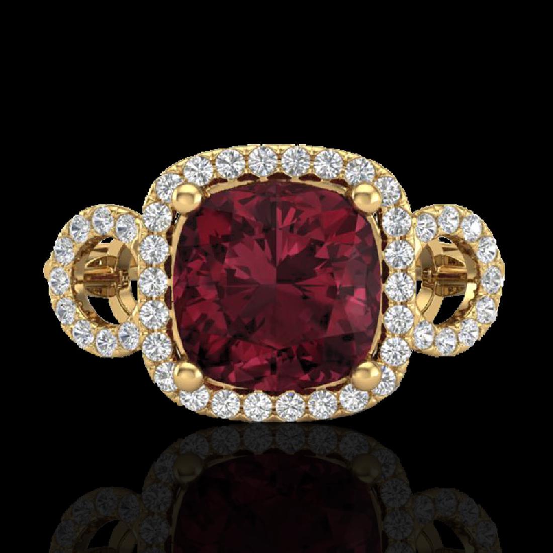 3.75 CTW Garnet & Micro VS/SI Diamond Ring 18K Yellow: REF-65N3Y -23005 ---- 3.75 CTW Garnet & Micro VS/SI Diamond Ring 18K Yellow Gold ---- Luxury Designer Brand Ring Appraised at $4,300 Certificate Number US23005 18k Yellow gold, Ring Size is 7, Ring me