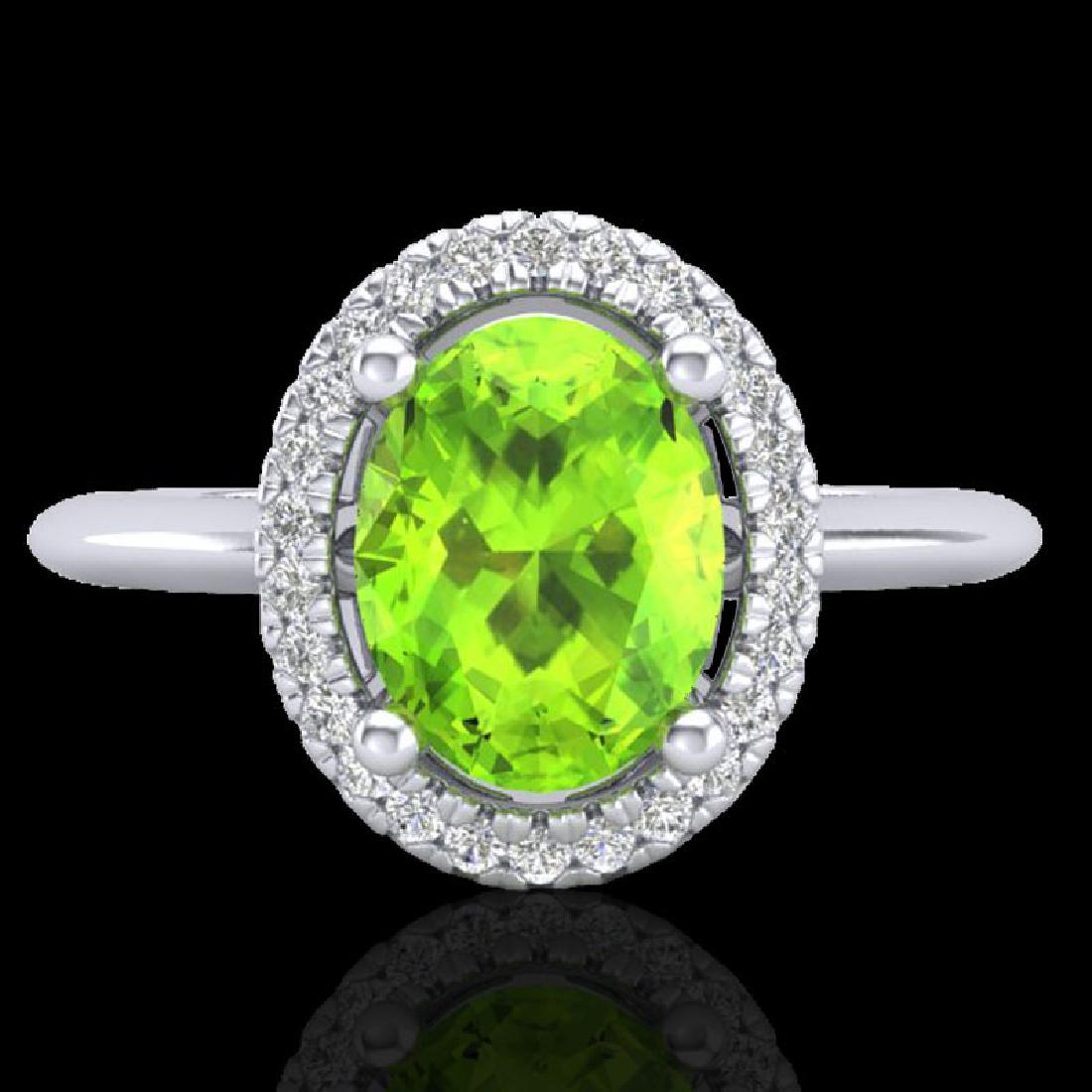 1.75 CTW Peridot & Micro VS/SI Diamond Ring Solitaire: REF-51K3W -21016 ---- 1.75 CTW Peridot & Micro VS/SI Diamond Ring Solitaire Halo 18K White Gold ---- Luxury Designer Brand Ring Appraised at $3,650 Certificate Number US21016 18k White gold, Ring Size