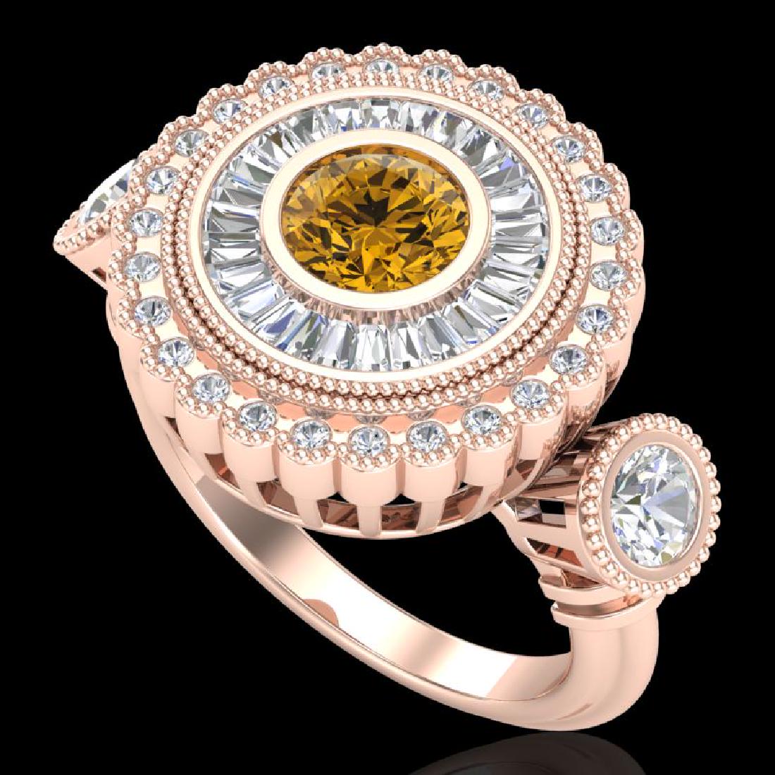 2.62 CTW Intense Fancy Yellow Diamond Art Deco 3 Stone: REF-290A9X -37925 ---- 2.62 CTW Intense Fancy Yellow Diamond Art Deco 3 Stone Ring 18K Rose Gold ---- Luxury Designer Brand 3 stone ring Appraised at $17,600 Certificate Number US37925 18k Rose gold, 
