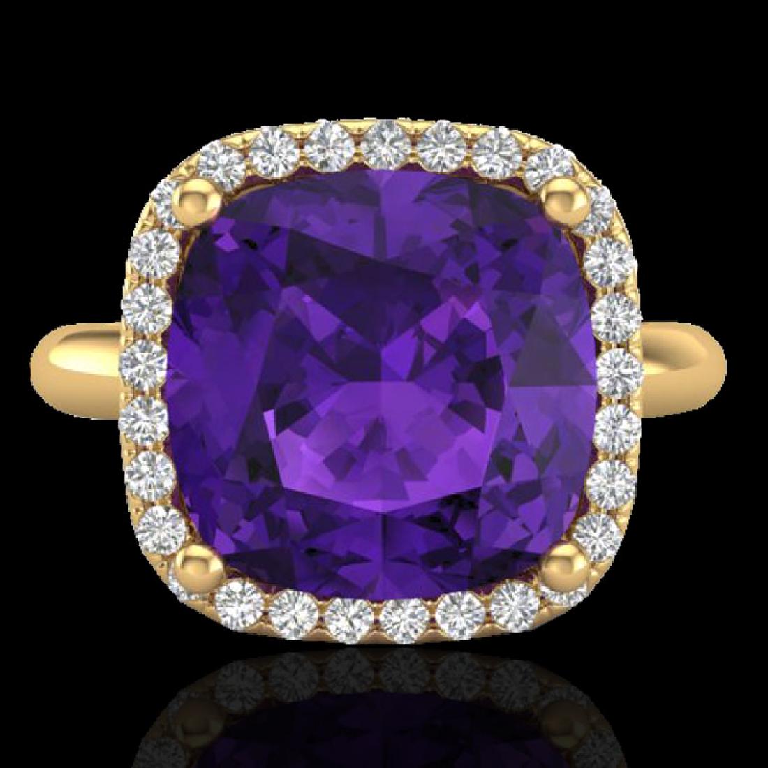 6 CTW Amethyst & Micro Pave Halo VS/SI Diamond Ring: REF-56F8N -23093 ---- 6 CTW Amethyst & Micro Pave Halo VS/SI Diamond Ring Solitaire 18K Yellow Gold ---- Luxury Designer Brand Ring Appraised at $4,050 Certificate Number US23093 18k Yellow gold, Ring