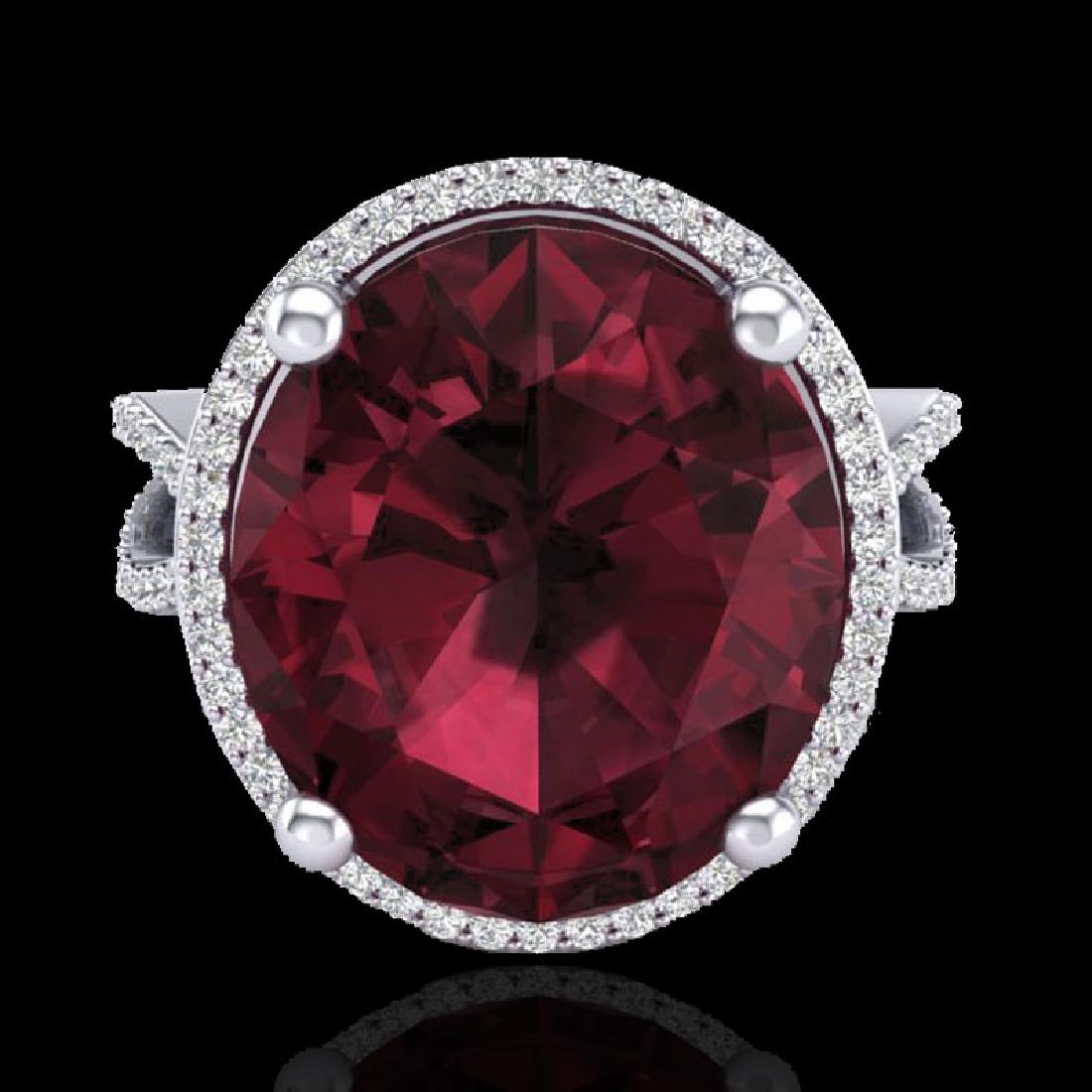 10 CTW Garnet & Micro Pave VS/SI Diamond Halo Ring 18K: REF-80A2X -20963 ---- 10 CTW Garnet & Micro Pave VS/SI Diamond Halo Ring 18K White Gold ---- Luxury Designer Brand Ring Appraised at $5,300 Certificate Number US20963 18k White gold, Ring Size is 7, R