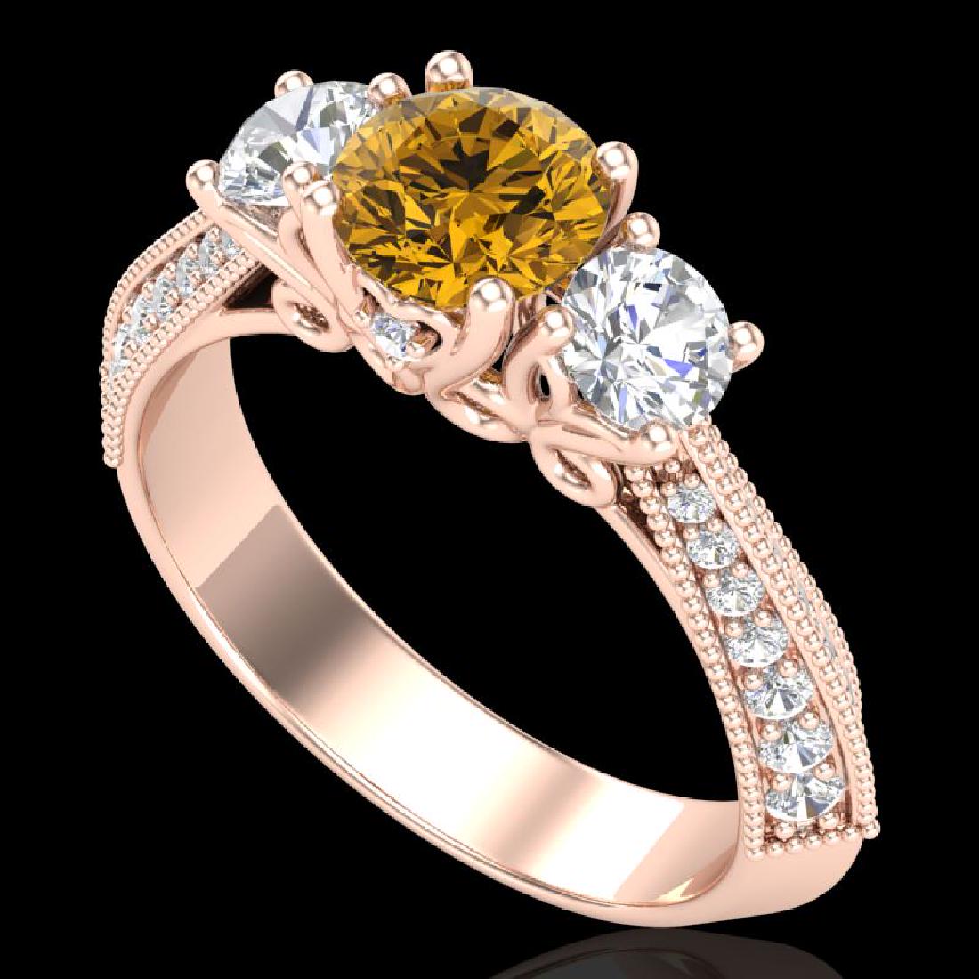 1.81 CTW Intense Fancy Yellow Diamond Art Deco 3 Stone: REF-236Y4K -38030 ---- 1.81 CTW Intense Fancy Yellow Diamond Art Deco 3 Stone Ring 18K Rose Gold ---- Luxury Designer Brand 3 stone ring Appraised at $14,300 Certificate Number US38030 18k Rose gold, 