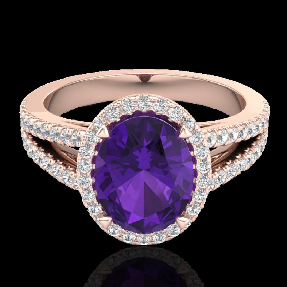 3 CTW Amethyst & Micro VS/SI Diamond Halo Solitaire: REF-58A2X -20926 ---- 3 CTW Amethyst & Micro VS/SI Diamond Halo Solitaire Ring 14K Rose Gold ---- Luxury Designer Brand Ring Appraised at $4,150 Certificate Number US20926 14k Rose gold, Ring Size is 