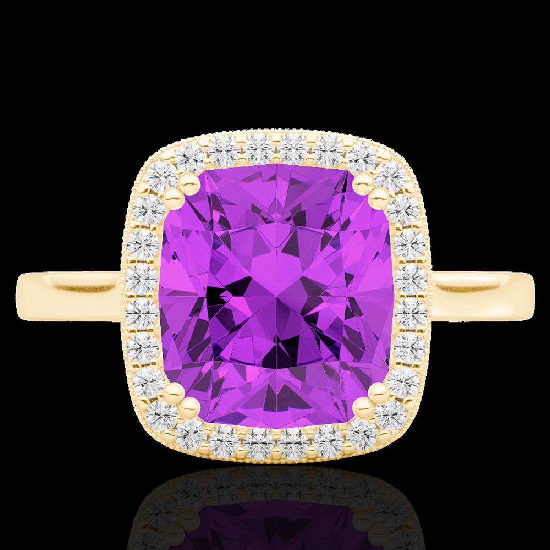 2.75 CTW Amethyst & Micro Pave VS/SI Diamond Halo: REF-50A4X -22837 ---- 2.75 CTW Amethyst & Micro Pave VS/SI Diamond Halo Solitaire Ring 18K Yellow Gold ---- Luxury Designer Brand Ring Appraised at $3,600 Certificate Number US22837 18k Yellow gold, R