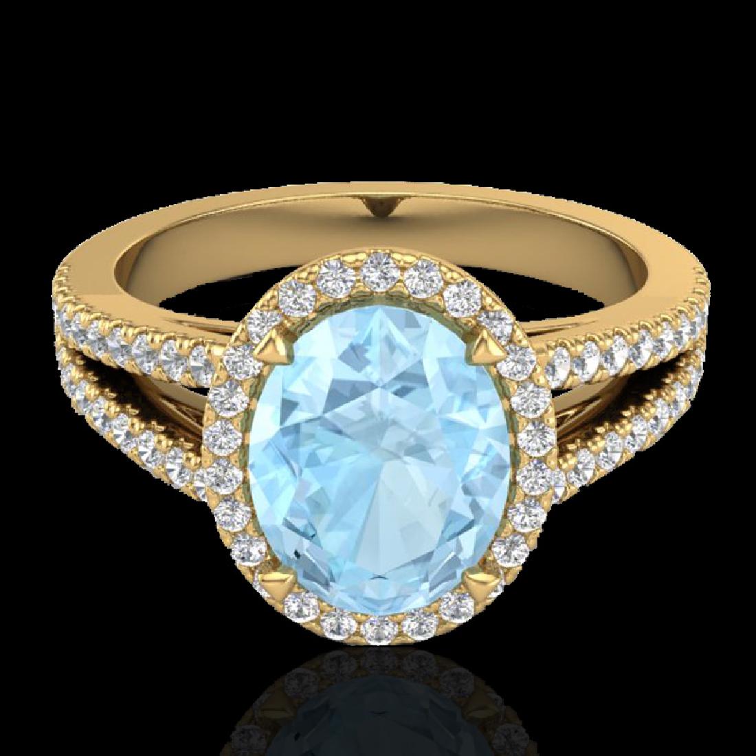 3 CTW Aquamarine & Micro VS/SI Diamond Halo Solitaire: REF-85A5X -20931 ---- 3 CTW Aquamarine & Micro VS/SI Diamond Halo Solitaire Ring 18K Yellow Gold ---- Luxury Designer Brand Ring Appraised at $6,100 Certificate Number US20931 18k Yellow gold, Ring Si