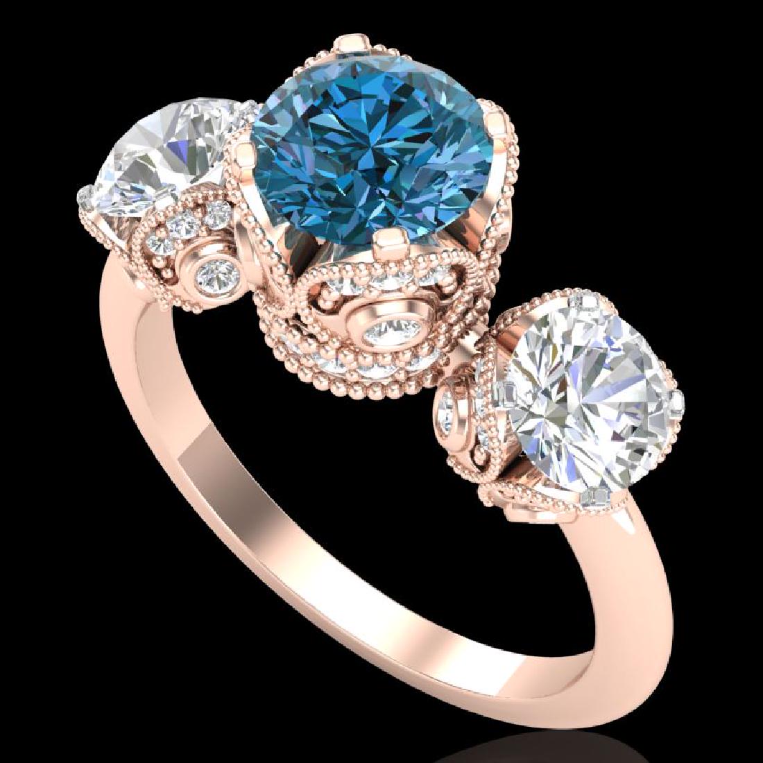 3 CTW Fancy Intense Blue Diamond Solitaire Art Deco 3: REF-418N2Y -37433 ---- 3 CTW Fancy Intense Blue Diamond Solitaire Art Deco 3 Stone Ring 18K Rose Gold ---- Luxury Designer Brand 3 stone ring Appraised at $27,600 Certificate Number US37433 18k Rose g