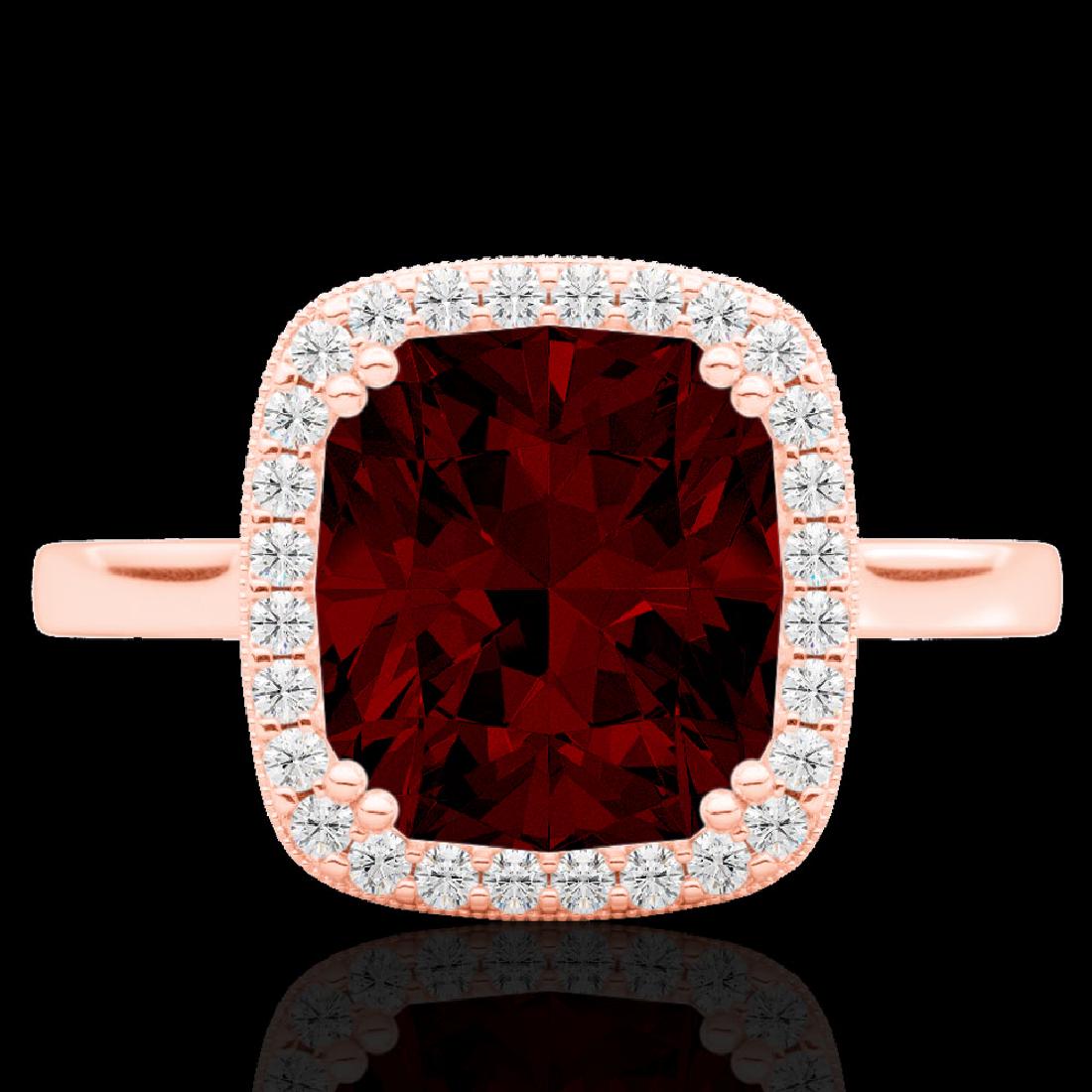 3 CTW Garnet & Micro Pave VS/SI Diamond Halo Ring 14K: REF-40T2M - SKU:22844 ---- 3 CTW Garnet & Micro Pave VS/SI Diamond Halo Ring 14K Rose Gold ---- Luxury Designer Brand Ring Appraised at $2,450 Certificate Number US22844 14k Rose gold, Ring Size is 6.