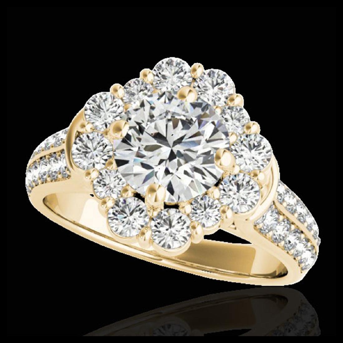 2.81 CTW H-SI/I Certified Diamond Solitaire Halo Ring: REF-409K3W -33960 ---- 2.81 CTW H-SI/I Certified Diamond Solitaire Halo Ring 10K Yellow Gold ---- Luxury Designer Brand Ring Appraised at $22,500 Certificate Number US33960 10k Yellow gold, Ring Size 