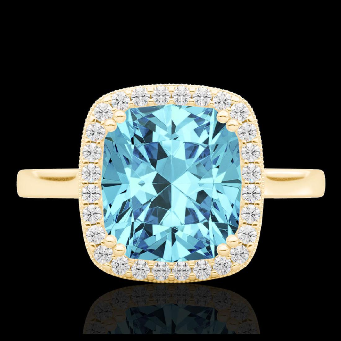 3.50 CTW Sky Blue Topaz & Micro VS/SI Diamond Halo: REF-48Y9K -22854 ---- 3.50 CTW Sky Blue Topaz & Micro VS/SI Diamond Halo Solitaire Ring 18K Yellow Gold ---- Luxury Designer Brand Ring Appraised at $3,500 Certificate Number US22854 18k Yellow gold, 