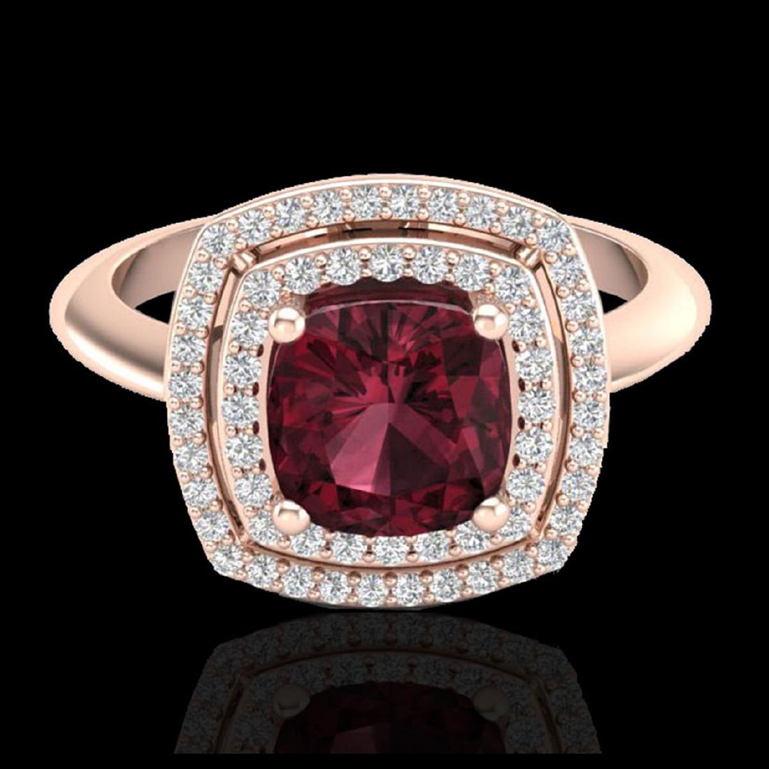 2.27 CTW Garnet & Micro VS/SI Diamond Pave Halo Ring: REF-55T3M -20761 ---- 2.27 CTW Garnet & Micro VS/SI Diamond Pave Halo Ring 14K Rose Gold ---- Luxury Designer Brand Ring Appraised at $3,650 Certificate Number US20761 14k Rose gold, Ring Size is 6.5,