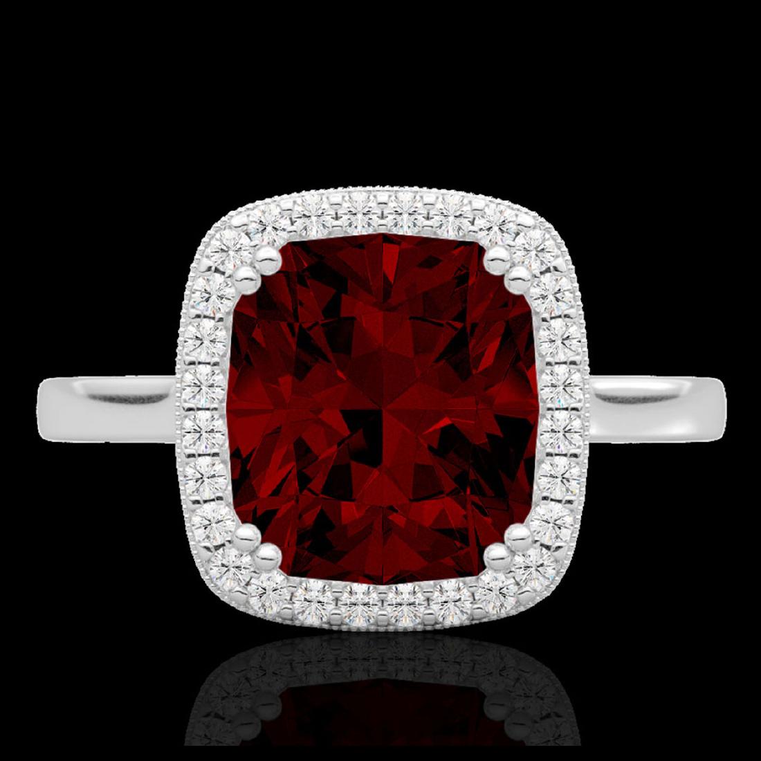 3 CTW Garnet & Micro Pave VS/SI Diamond Halo Ring 18K: REF-48H5A -22843 ---- 3 CTW Garnet & Micro Pave VS/SI Diamond Halo Ring 18K White Gold ---- Luxury Designer Brand Ring Appraised at $3,200 Certificate Number US22843 18k White gold, Ring Size is 6.5, 