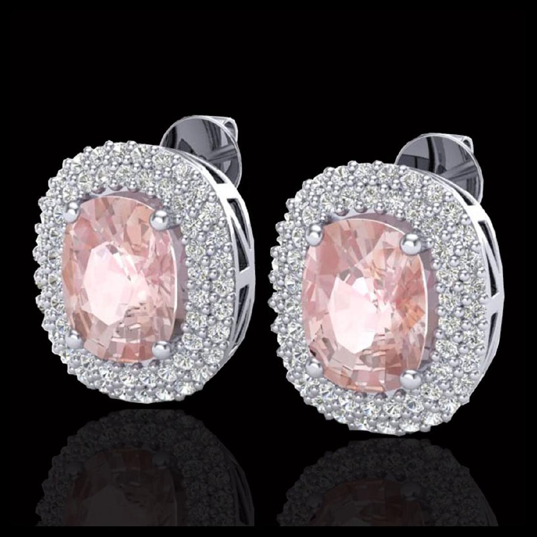 5.50 CTW Morganite & Micro Pave VS/SI Diamond Halo: REF-173X6T -20123 ---- 5.50 CTW Morganite & Micro Pave VS/SI Diamond Halo Earrings 18K White Gold ---- Luxury Designer Brand Earring Appraised at $12,400 Certificate Number US20123 18k White gold, Ear