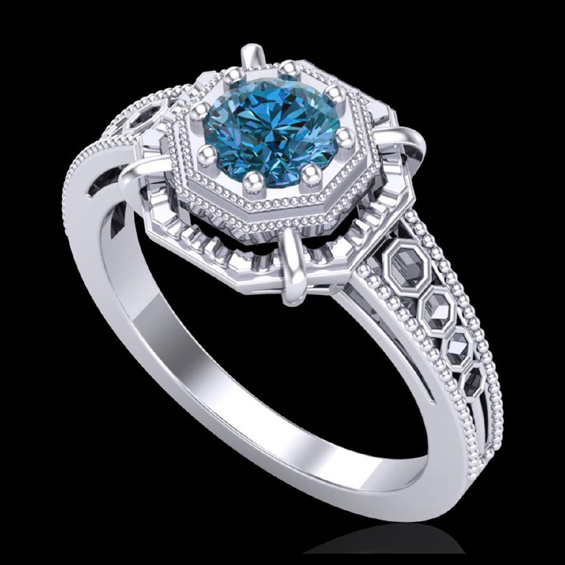 0.53 CTW Fancy Intense Blue Diamond Solitaire Art Deco: REF-109M3H - SKU:37439 ---- 0.53 CTW Fancy Intense Blue Diamond Solitaire Art Deco Ring 18K White Gold ---- Luxury Designer Brand Ring Appraised at $7,200 Certificate Number US37439 18k White gold, Ri