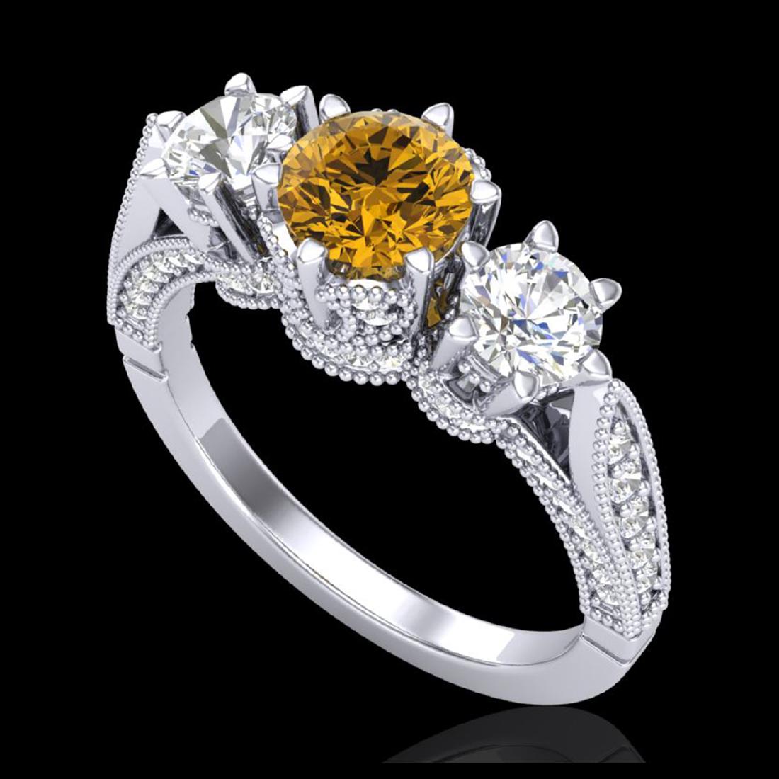 2.18 CTW Intense Fancy Yellow Diamond Art Deco 3 Stone: REF-254W5F -38113 ---- 2.18 CTW Intense Fancy Yellow Diamond Art Deco 3 Stone Ring 18K White Gold ---- Luxury Designer Brand 3 stone ring Appraised at $15,400 Certificate Number US38113 18k White gold