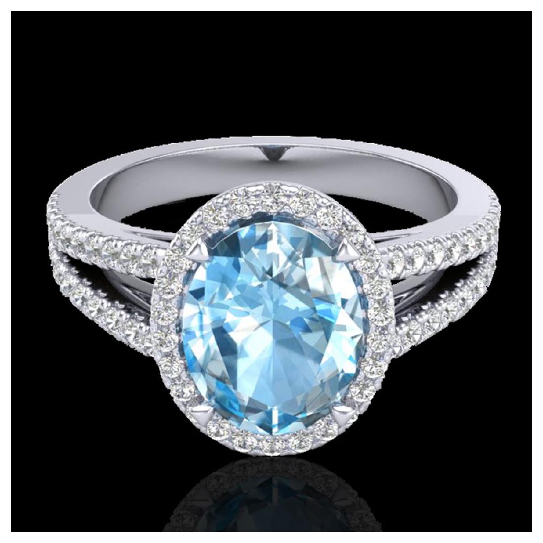 3 Sky Blue Topaz & VS/SI Diamond Halo Ring 18K Gold -: REF-69X3R - SKU:20933 ---- 3 Sky Blue Topaz & Micro VS/SI Diamond Halo Solitaire Ring 18K Gold JEWLION Designer Brand Luxury Jewelry, made in the USA JEWLION Suggested Retail Price: $5,300 Factory off