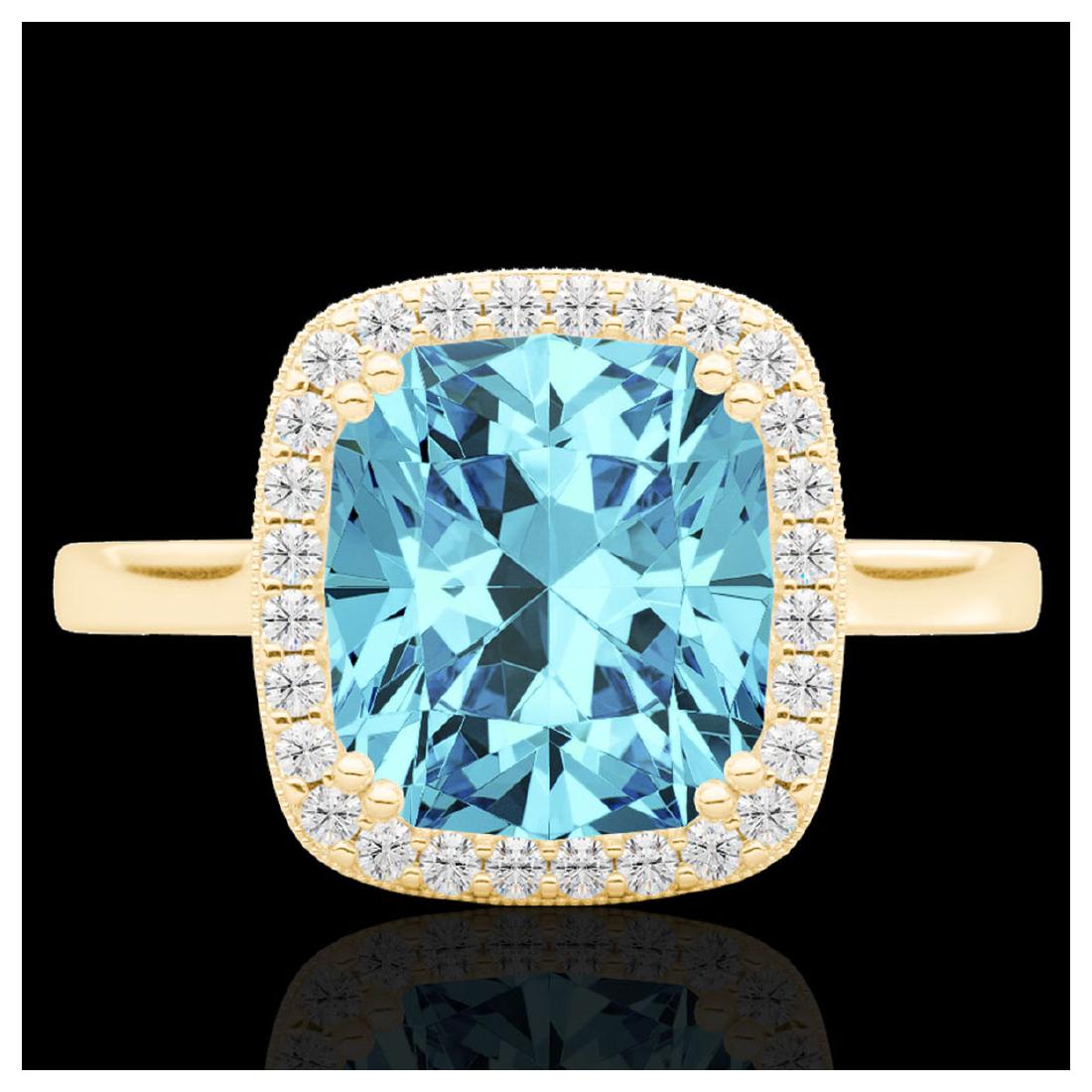 3.50 CTW Sky Blue Topaz & VS/SI Diamond Halo Ring 18K: REF-48G9N - SKU:22854 ---- 3.50 CTW Sky Blue Topaz & Micro VS/SI Diamond Halo Solitaire Ring 18K Gold DEBEERA Designer Brand Luxury Jewelry, made in the USA DEBEERA Suggested Retail Price: $3,500 Fact