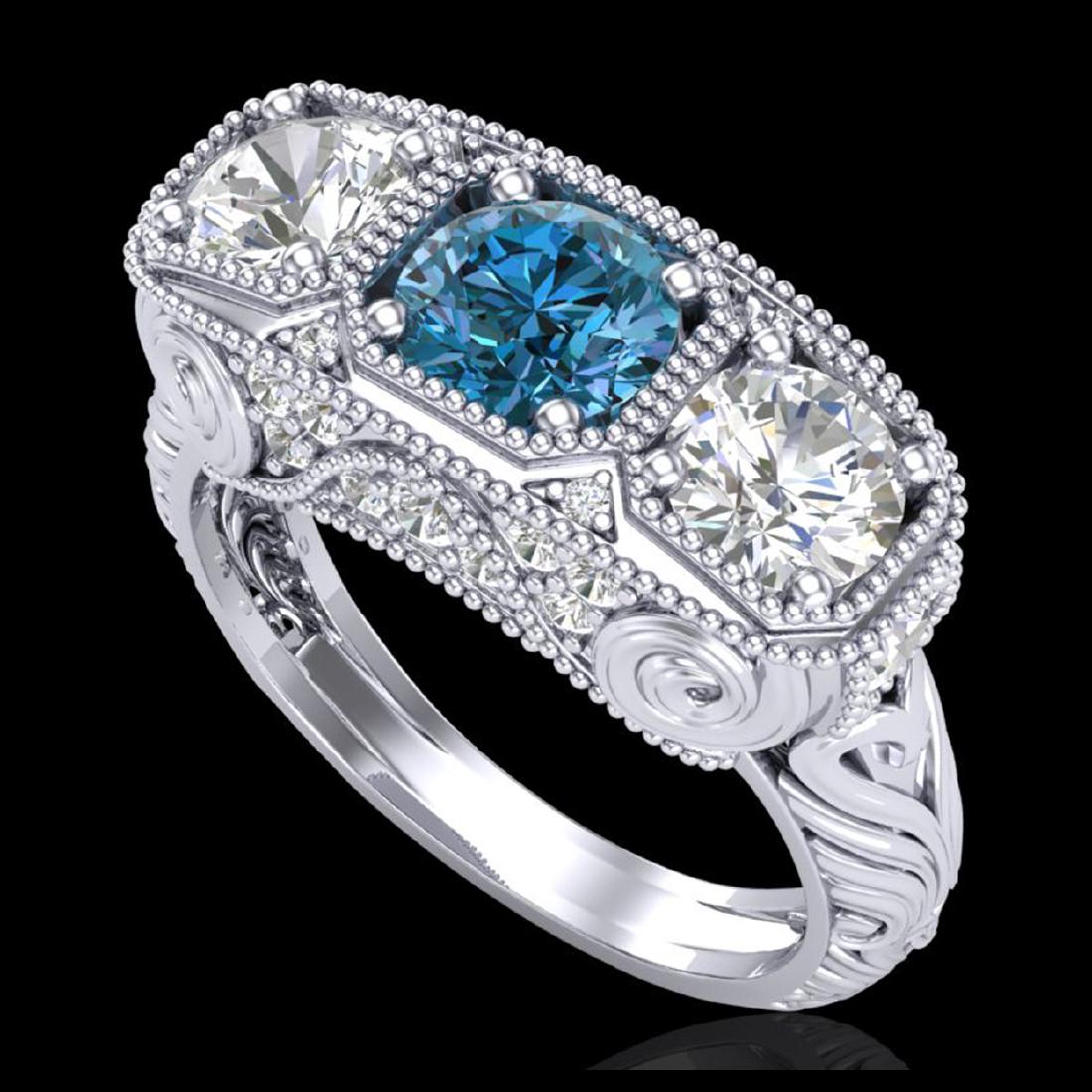 2.51 CTW Intense Blue Diamond 3 Stone Ring 18K Gold -: REF-345N5A - SKU:37719 ---- 2.51 CTW Intense Blue Diamond Solitaire Art Deco 3 Stone Ring 18K Gold DEBEERA Designer Brand Luxury Jewelry, made in the USA DEBEERA Suggested Retail Price: $22,800 Factor
