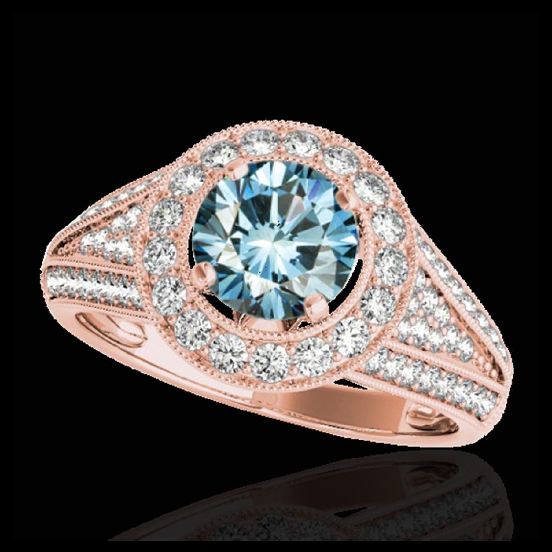 1.7 ctw SI Fancy Blue Diamond Solitaire Halo Ring 10K: REF-227N3P - SKU:33973 ---- 1.7 ctw SI Fancy Blue Diamond Solitaire Halo Ring 10K Rose Gold PELAMOR Designer Brand Luxury Jewelry, made in the USA PELAMOR Suggested Retail Price: $13,750 Factory offer