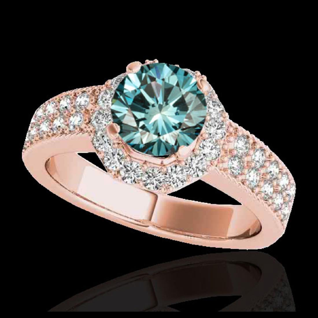 1.40 ctw SI Fancy Blue Diamond Solitaire Halo Ring 10K: REF-129W5H - SKU:34555 ---- 1.40 ctw SI Fancy Blue Diamond Solitaire Halo Ring 10K Rose Gold Designer Brand Luxury Jewelry, made in the USA Suggested Retail Price: $10,450 Factory offers perfect facto