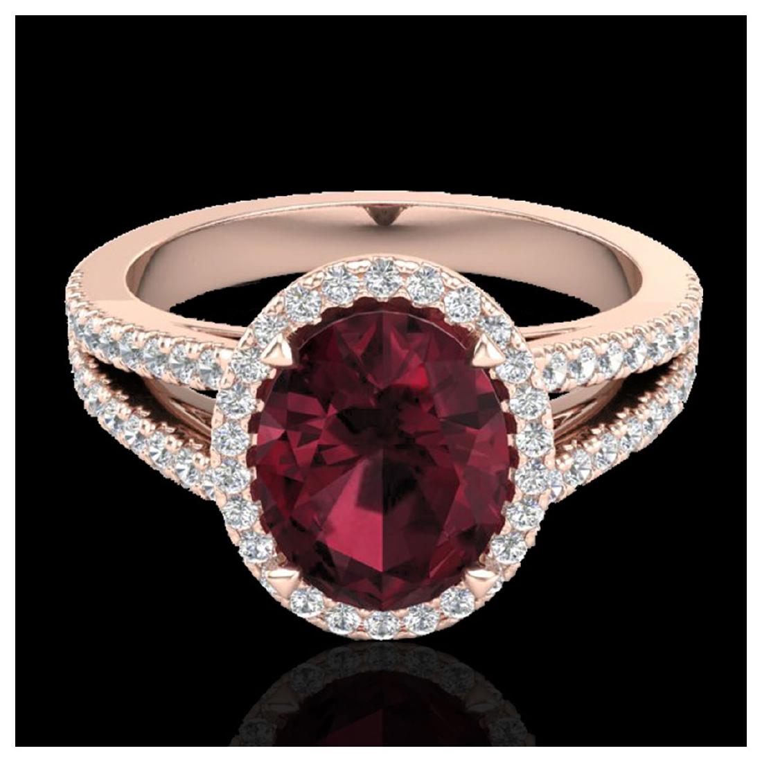 3 ctw Garnet & VS/SI Diamond Halo Ring 14K Rose Gold -: REF-57A6V - SKU:20940 ---- 3 ctw Garnet & VS/SI Diamond Halo Ring 14K Rose Gold Designer Brand Luxury Jewelry, made in the USA Suggested Retail Price: $3,800 Factory offers perfect factory sizing, for