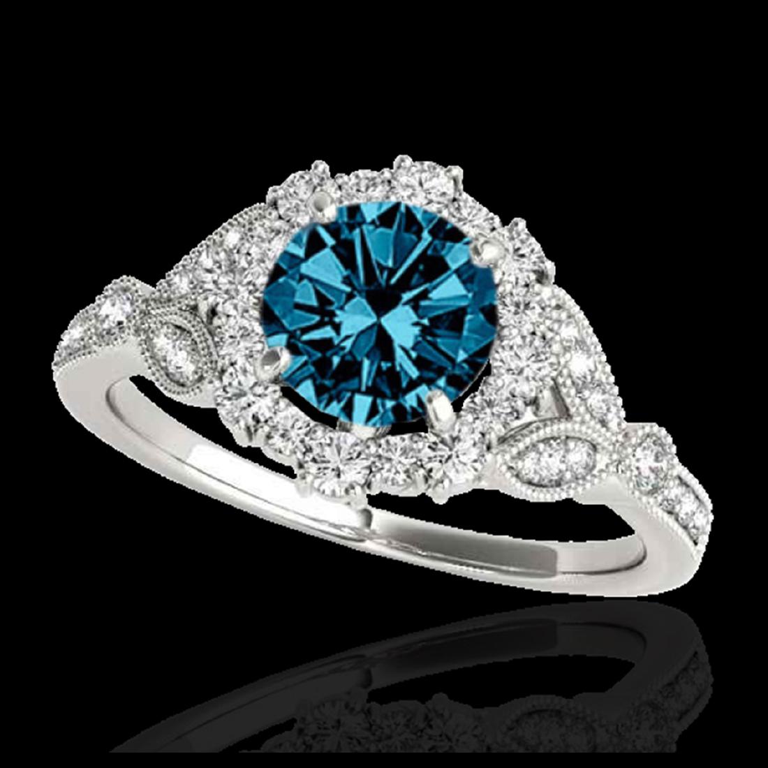 1.50 ctw SI Fancy Blue Diamond Solitaire Halo Ring 10K: REF-130W9H - SKU:33765 ---- 1.50 ctw SI Fancy Blue Diamond Solitaire Halo Ring 10K White Gold Designer Brand Luxury Jewelry, made in the USA Suggested Retail Price: $10,550 Factory offers perfect fact