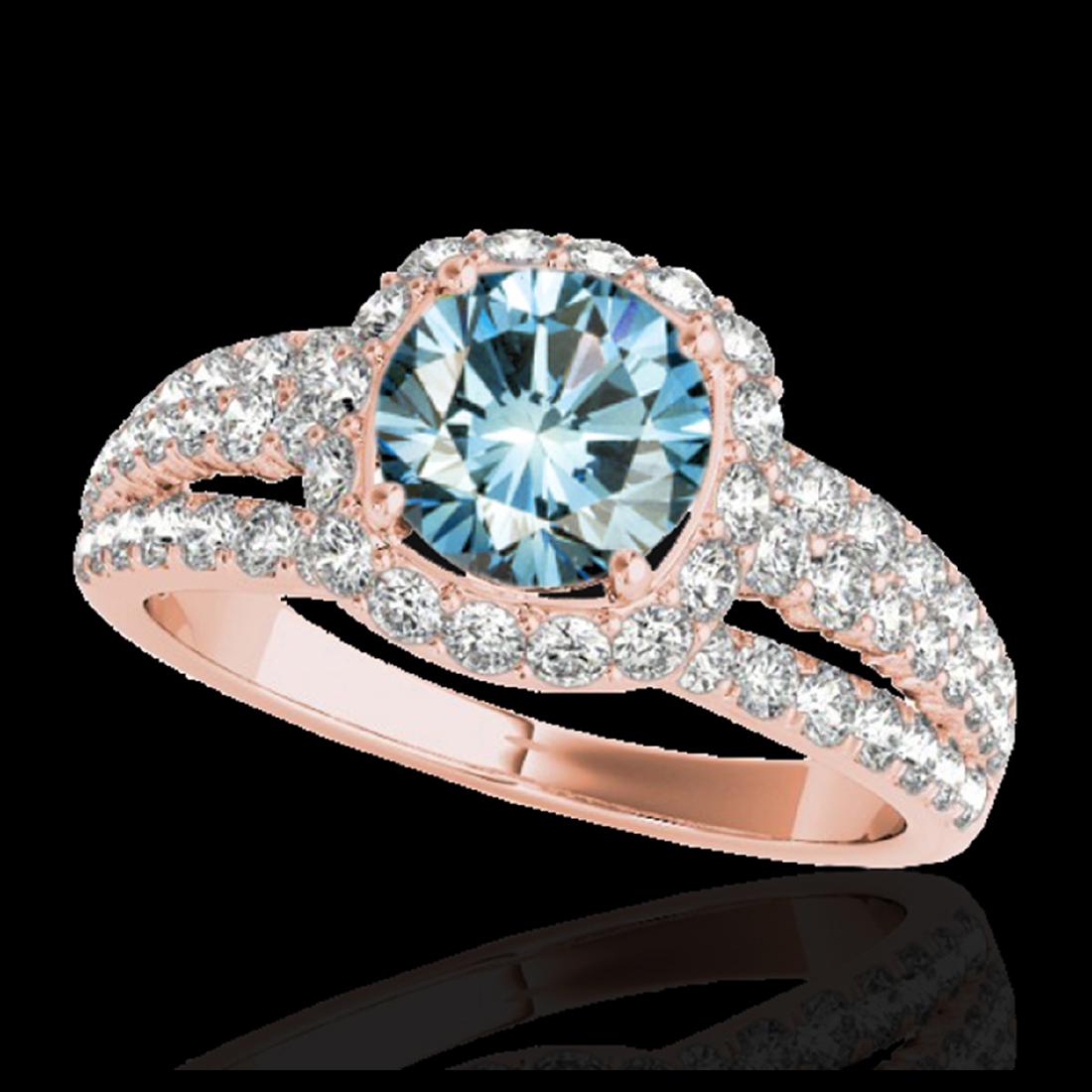 2 ctw SI Blue Diamond Solitaire Halo Ring 10K Rose Gold: REF-135M2F - SKU:34004 ---- 2 ctw SI Blue Diamond Solitaire Halo Ring 10K Rose Gold Designer Brand Luxury Jewelry, made in the USA Suggested Retail Price: $10,900 Factory offers perfect factory sizing