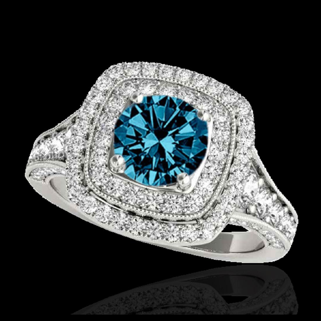 2 ctw SI Fancy Blue Diamond Solitaire Halo Ring 10K: REF-156M8F - SKU:33657 ---- 2 ctw SI Fancy Blue Diamond Solitaire Halo Ring 10K White Gold Designer Brand Luxury Jewelry, made in the USA Suggested Retail Price: $13,800 Factory offers perfect factory