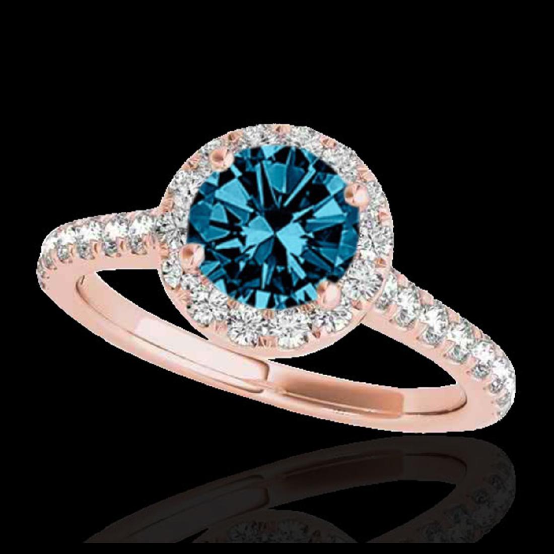 1.70 ctw SI Fancy Blue Diamond Solitaire Halo Ring 10K: REF-156N8A - SKU:33595 ---- 1.70 ctw SI Fancy Blue Diamond Solitaire Halo Ring 10K Rose Gold Designer Brand Luxury Jewelry, made in the USA Suggested Retail Price: $13,800 Factory offers perfect facto