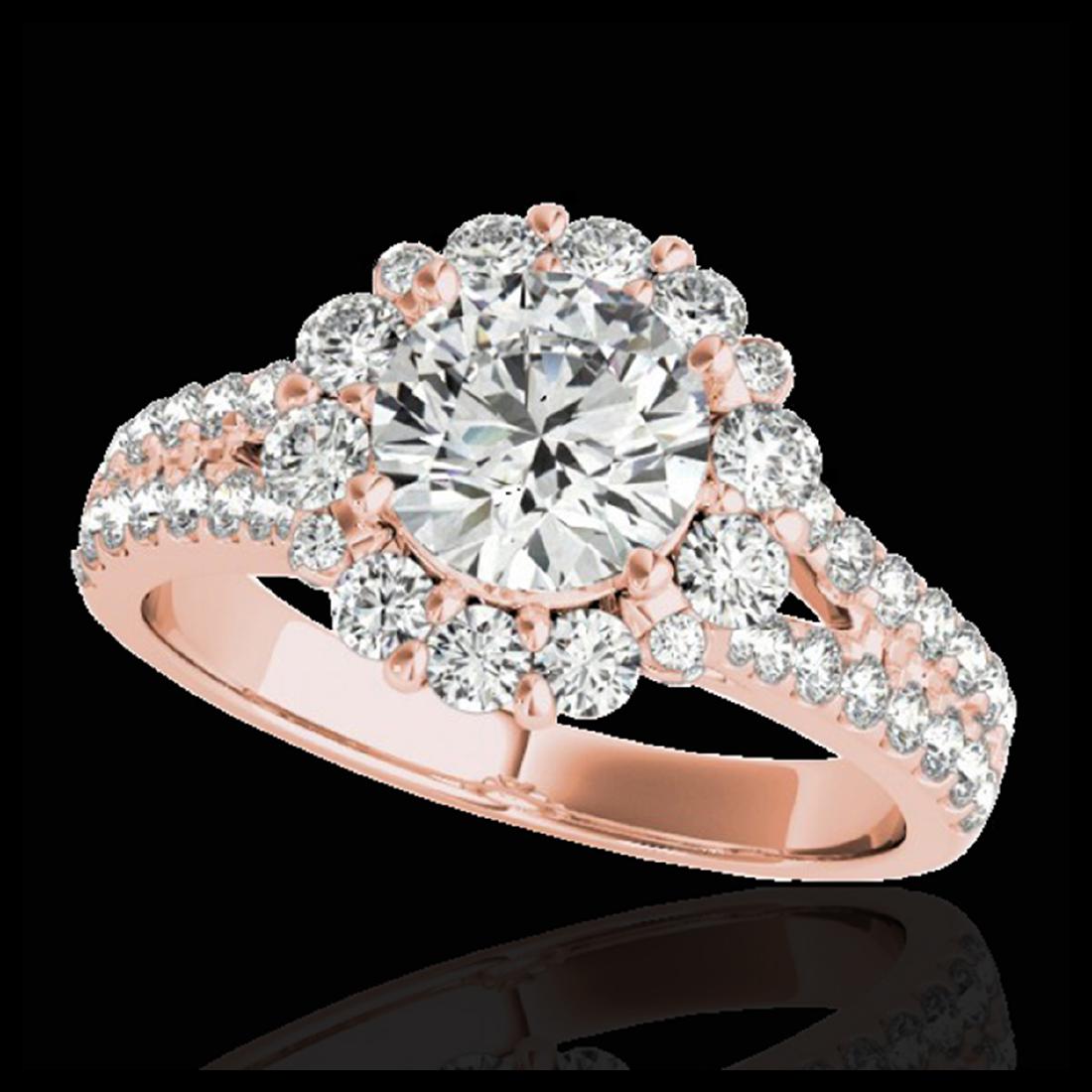 2.01 ctw H-SI/I Diamond Solitaire Halo Ring 10K Rose: REF-225H2M - SKU:33932 ---- 2.01 ctw H-SI/I Diamond Solitaire Halo Ring 10K Rose Gold Designer Brand Luxury Jewelry, made in the USA Suggested Retail Price: $16,500 Factory offers perfect factory sizi
