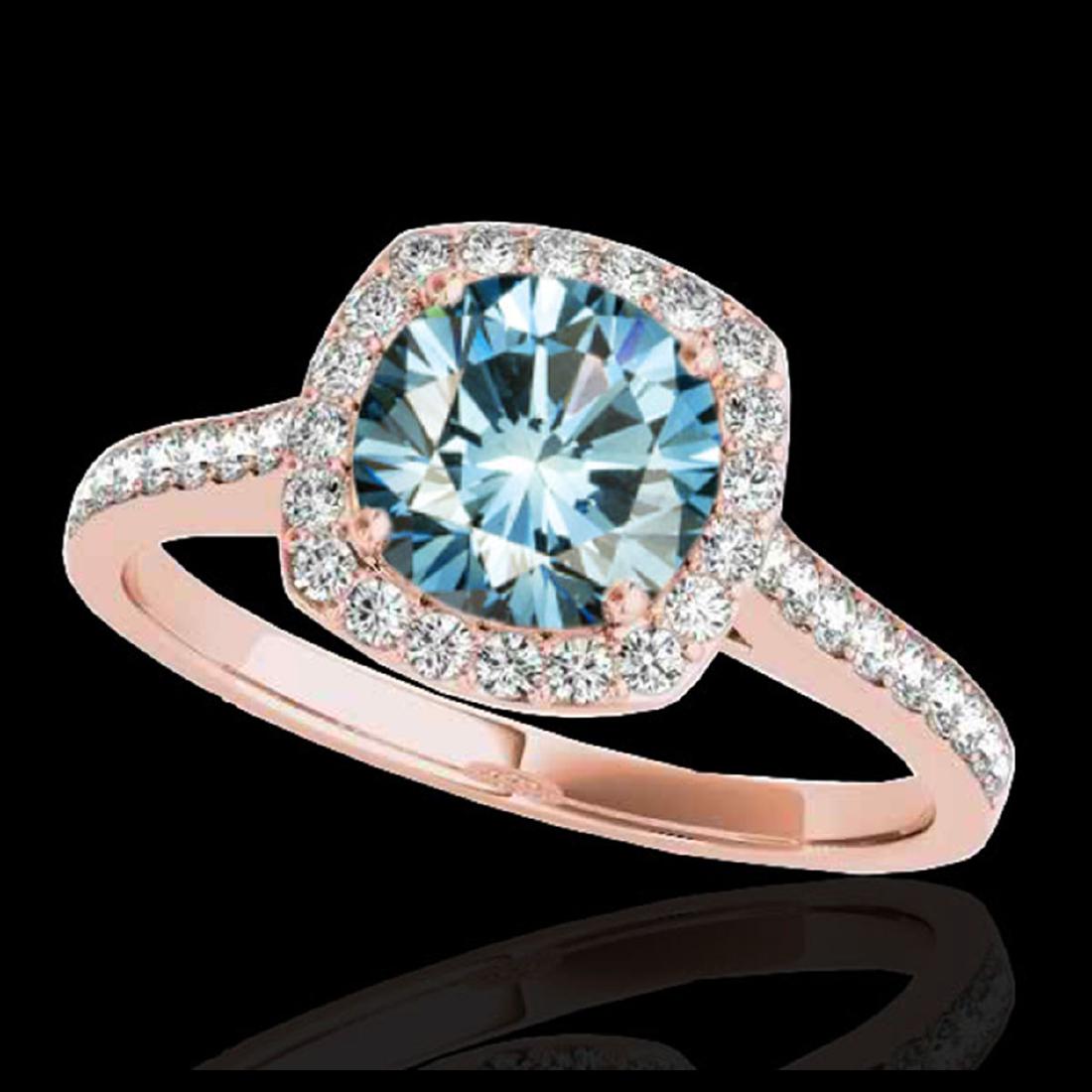 1.40 ctw SI Fancy Blue Diamond Solitaire Halo Ring 10K: REF-150M2F - SKU:34190 ---- 1.40 ctw SI Fancy Blue Diamond Solitaire Halo Ring 10K Rose Gold Designer Brand Luxury Jewelry, made in the USA Suggested Retail Price: $12,100 Factory offers perfect facto
