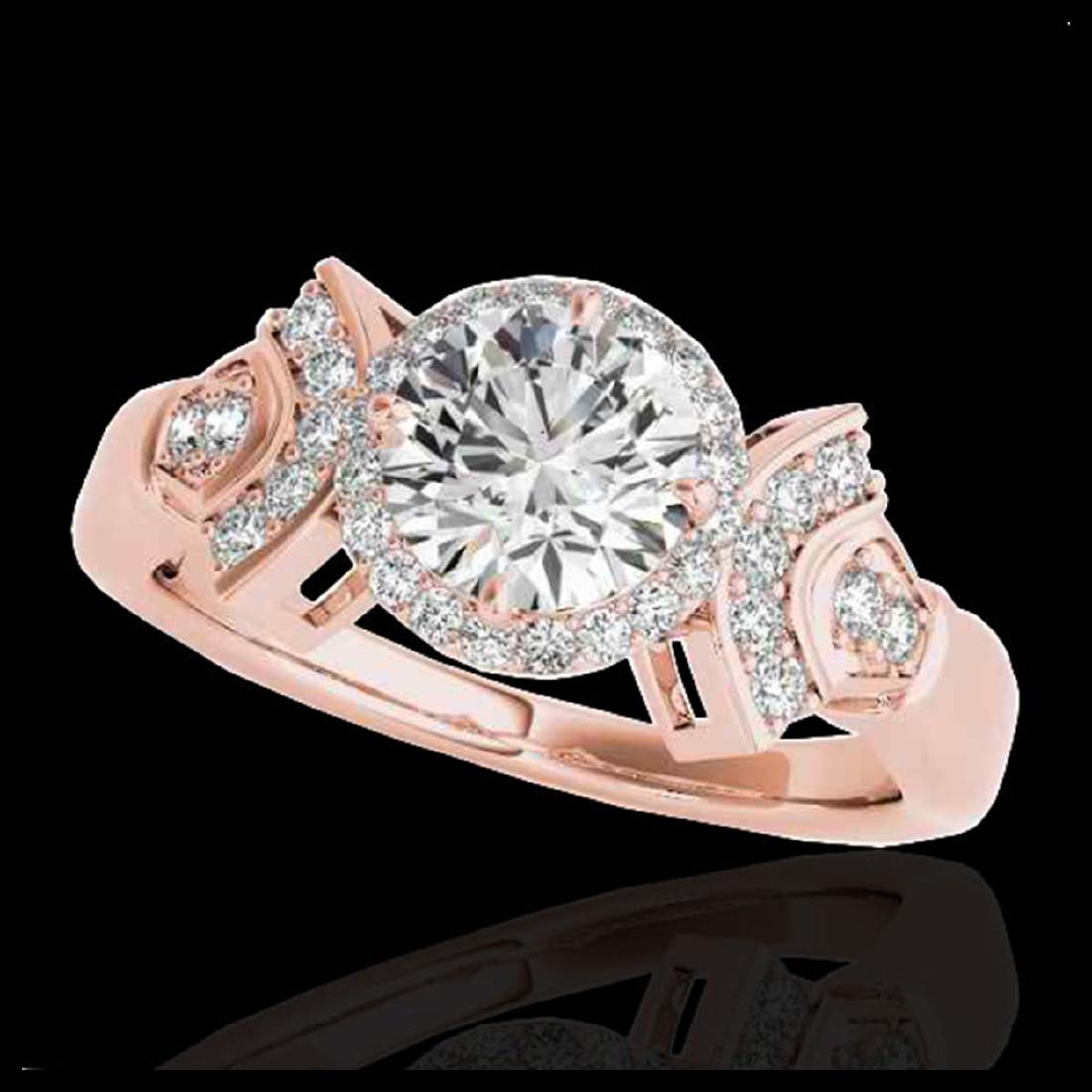 1.56 ctw H-SI/I Diamond Solitaire Halo Ring 10K Rose: REF-156K8W - SKU:34329 ---- 1.56 ctw H-SI/I Diamond Solitaire Halo Ring 10K Rose Gold Designer Brand Luxury Jewelry, made in the USA Suggested Retail Price: $11,500 Factory offers perfect factory sizi