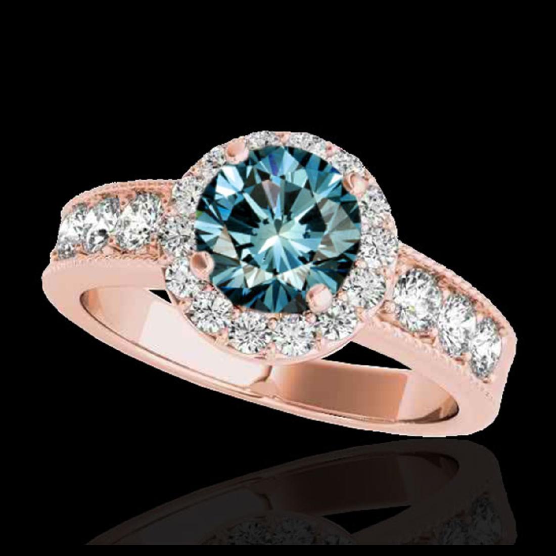 2.1 ctw SI Fancy Blue Diamond Solitaire Halo Ring 10K: REF-170M5F - SKU:34546 ---- 2.1 ctw SI Fancy Blue Diamond Solitaire Halo Ring 10K Rose Gold Designer Brand Luxury Jewelry, made in the USA Suggested Retail Price: $15,000 Factory offers perfect factor