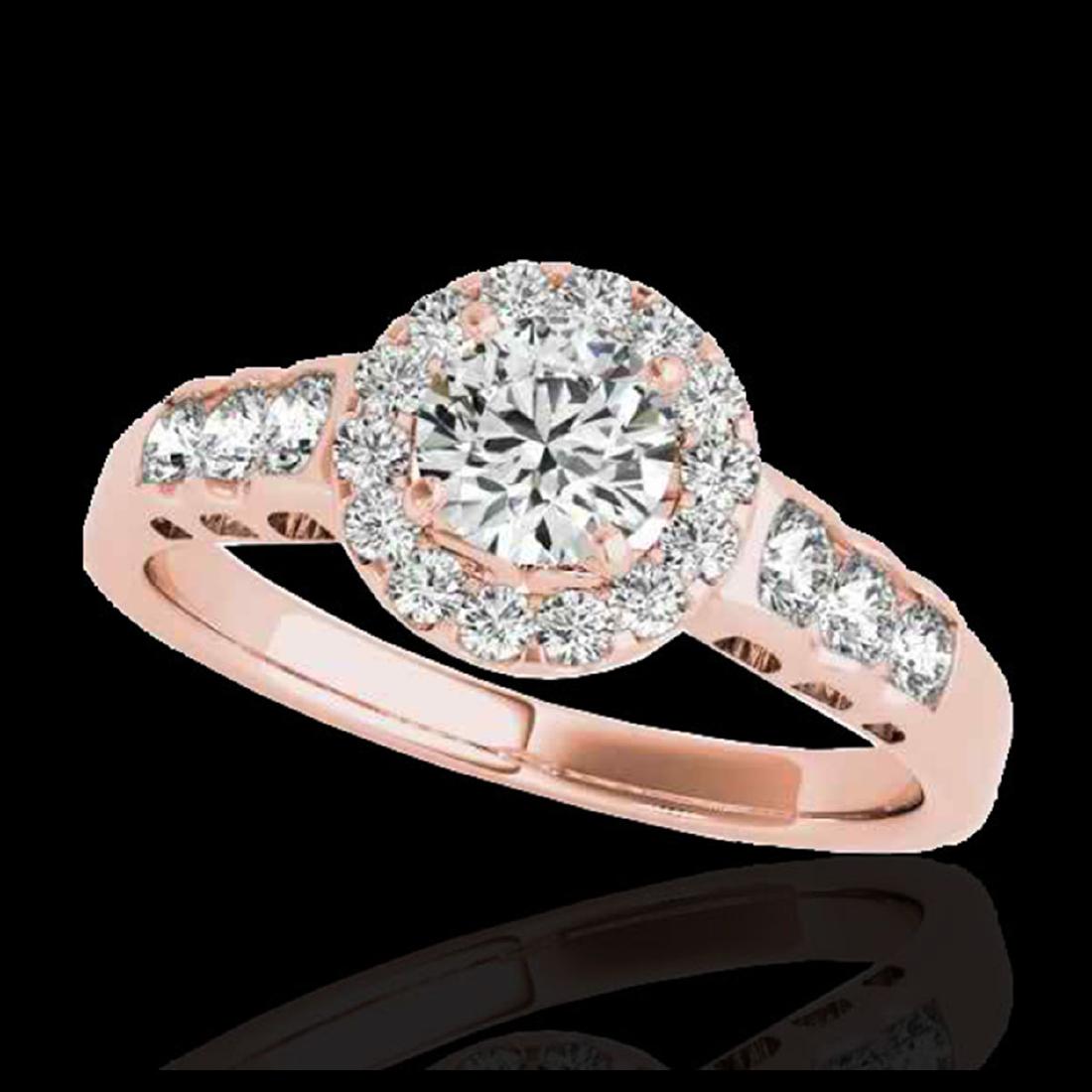 1.55 ctw H-SI/I Diamond Solitaire Halo Ring 10K Rose: REF-190A9V - SKU:34361 ---- 1.55 ctw H-SI/I Diamond Solitaire Halo Ring 10K Rose Gold Designer Brand Luxury Jewelry, made in the USA Suggested Retail Price: $14,000 Factory offers perfect factory sizi