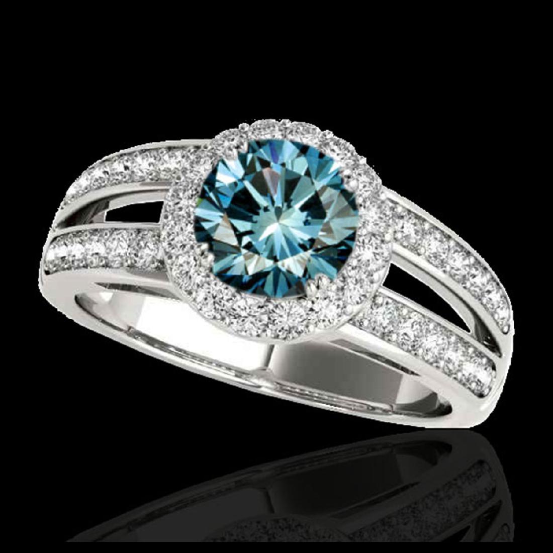 1.60 ctw SI Fancy Blue Diamond Solitaire Halo Ring 10K: REF-135X2R - SKU:34252 ---- 1.60 ctw SI Fancy Blue Diamond Solitaire Halo Ring 10K White Gold Designer Brand Luxury Jewelry, made in the USA Suggested Retail Price: $10,900 Factory offers perfect fact