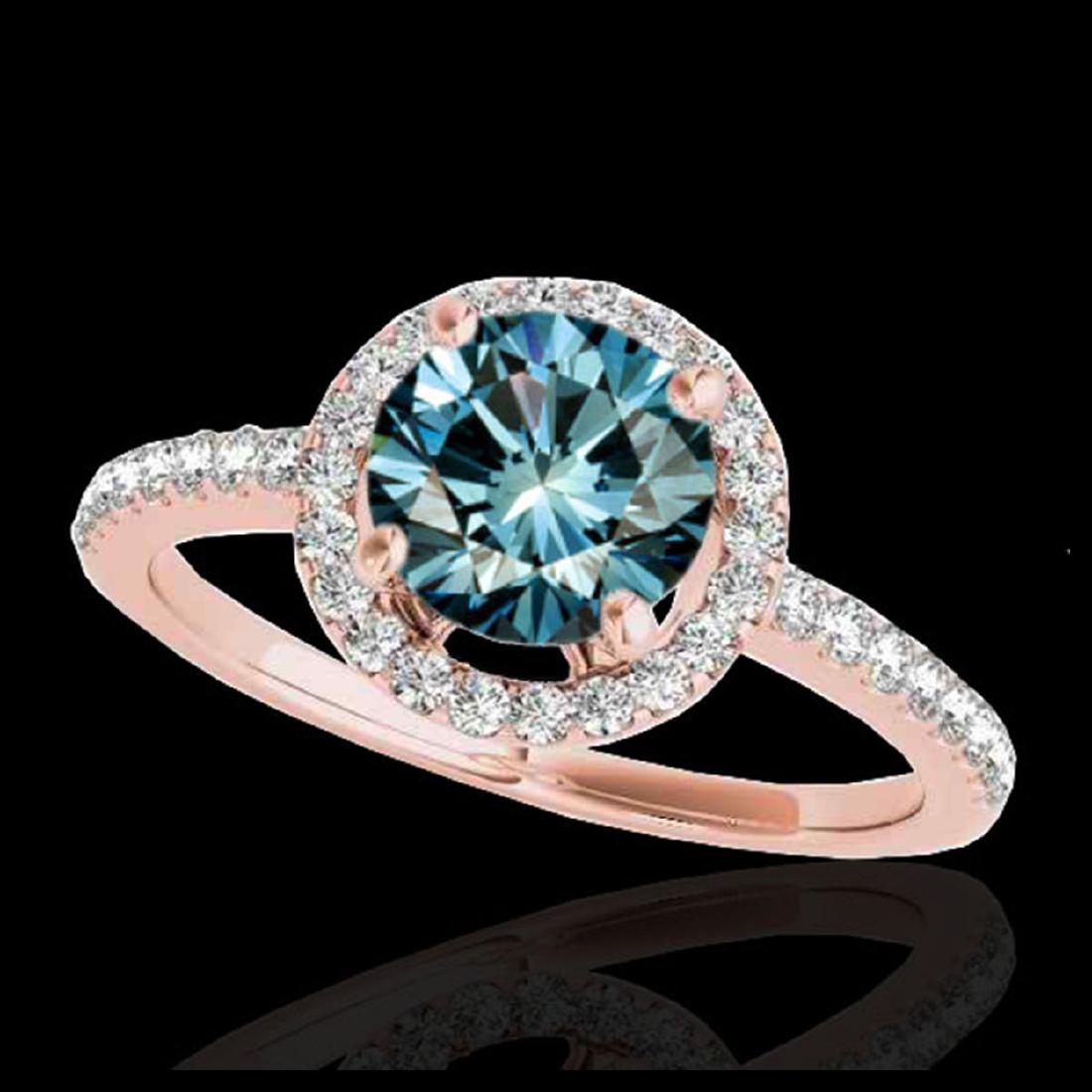 1.40 ctw SI Fancy Blue Diamond Solitaire Halo Ring 10K: REF-129N5A - SKU:34102 ---- 1.40 ctw SI Fancy Blue Diamond Solitaire Halo Ring 10K Rose Gold Designer Brand Luxury Jewelry, made in the USA Suggested Retail Price: $10,450 Factory offers perfect facto