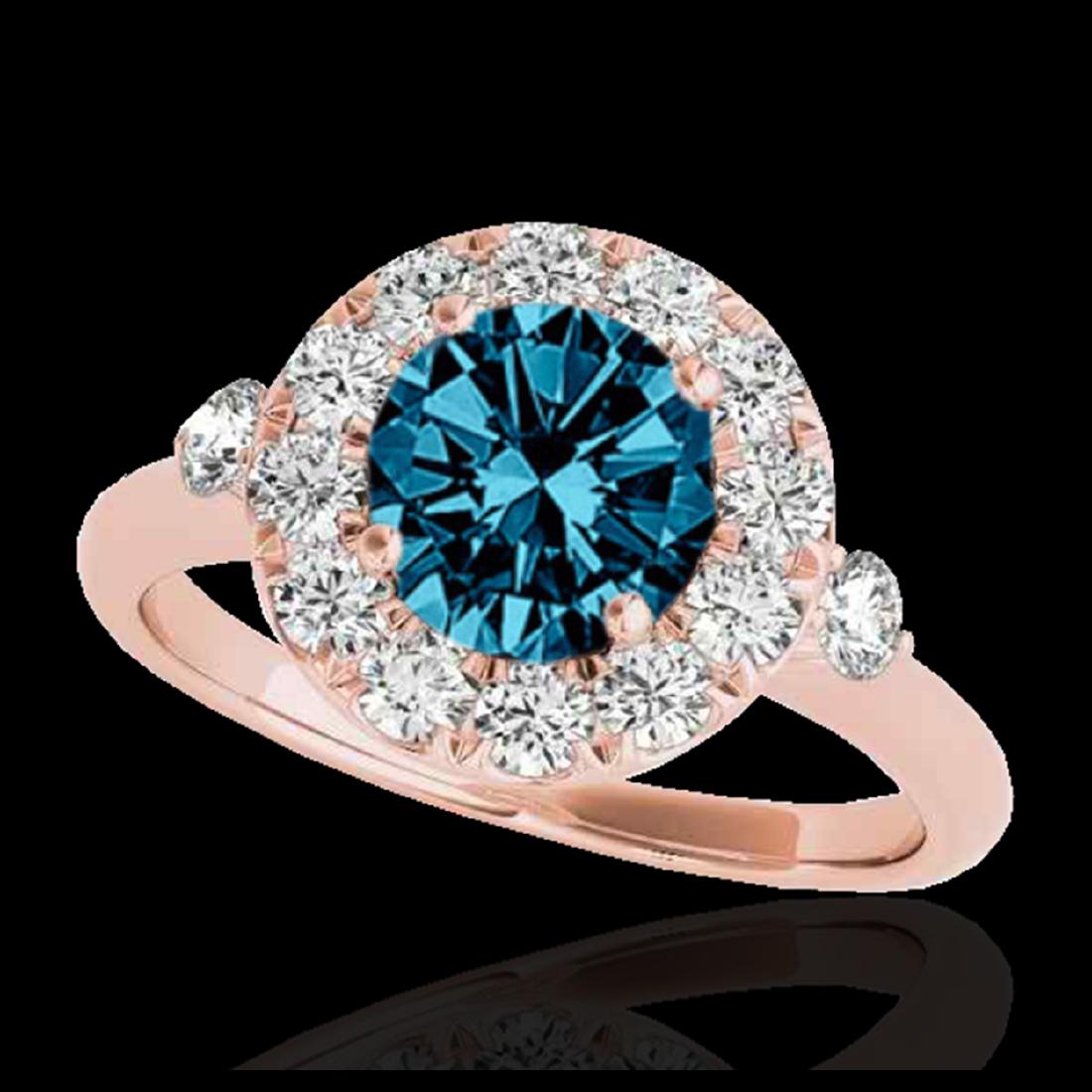 1.50 ctw SI Fancy Blue Diamond Solitaire Halo Ring 10K: REF-129R5K - SKU:33460 ---- 1.50 ctw SI Fancy Blue Diamond Solitaire Halo Ring 10K Rose Gold Designer Brand Luxury Jewelry, made in the USA Suggested Retail Price: $10,450 Factory offers perfect facto