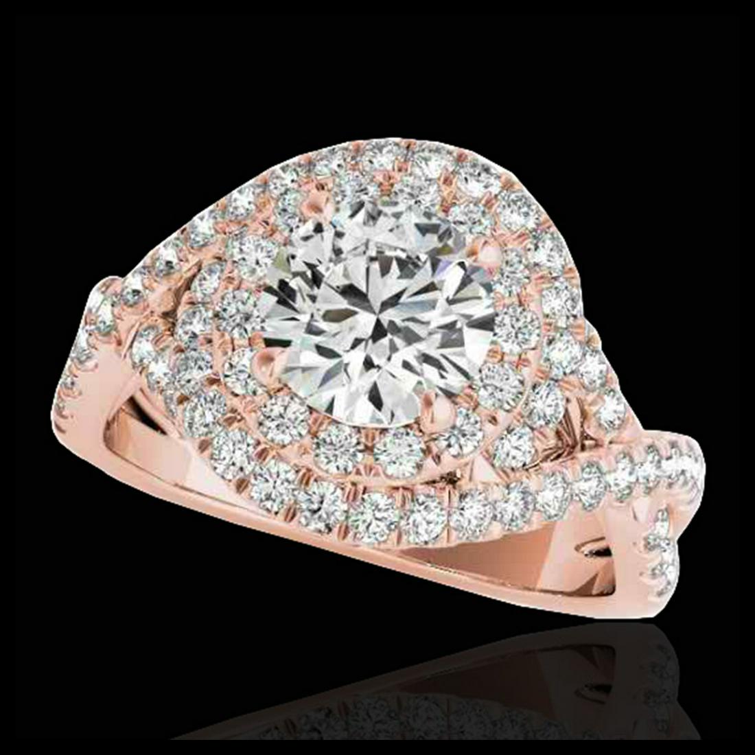 1.75 ctw H-SI/I Diamond Solitaire Halo Ring 10K Rose: REF-156M8F - SKU:33865 ---- 1.75 ctw H-SI/I Diamond Solitaire Halo Ring 10K Rose Gold Designer Brand Luxury Jewelry, made in the USA Suggested Retail Price: $11,500 Factory offers perfect factory sizi