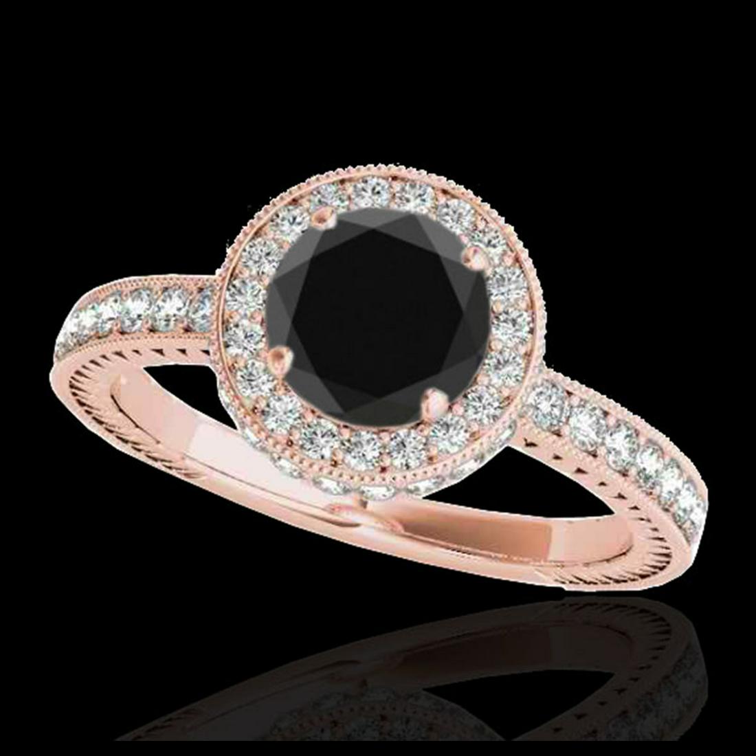 1.51 ctw VS Black Diamond Solitaire Halo Ring 10K Rose: REF-56V3Y - SKU:34305 ---- 1.51 ctw VS Black Diamond Solitaire Halo Ring 10K Rose Gold Designer Brand Luxury Jewelry, made in the USA Suggested Retail Price: $4,500 Factory offers perfect factory sizi