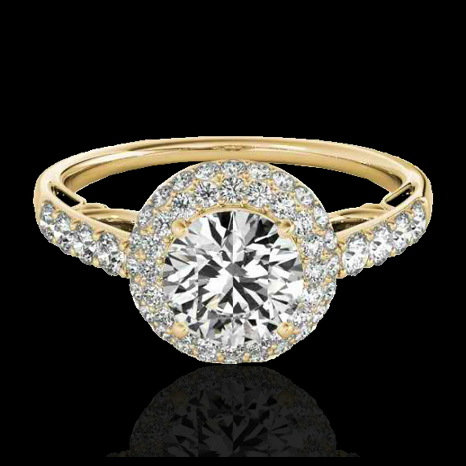1.65 ctw H-SI/I Diamond Solitaire Halo Ring 10K Yellow: REF-218M2F - SKU:33699 ---- 1.65 ctw H-SI/I Diamond Solitaire Halo Ring 10K Yellow Gold Designer Brand Luxury Jewelry, made in the USA Suggested Retail Price: $17,600 Factory offers perfect factory si