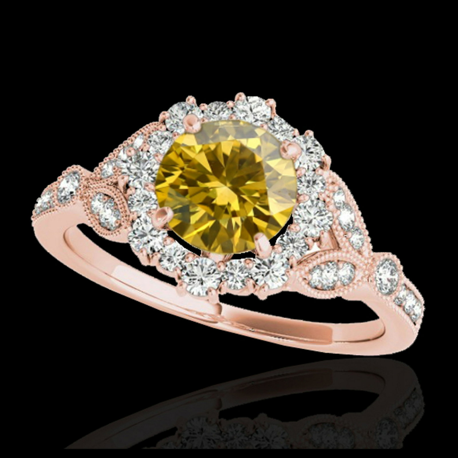 1.50 ctw SI/I Fancy Intense Yellow Diamond Ring 10K: REF-130X9R - SKU:33768 ---- 1.50 ctw SI/I Fancy Intense Yellow Diamond Ring 10K Rose Gold Designer Brand Luxury Jewelry, made in the USA Suggested Retail Price: $11,500 Factory offers perfect factory 