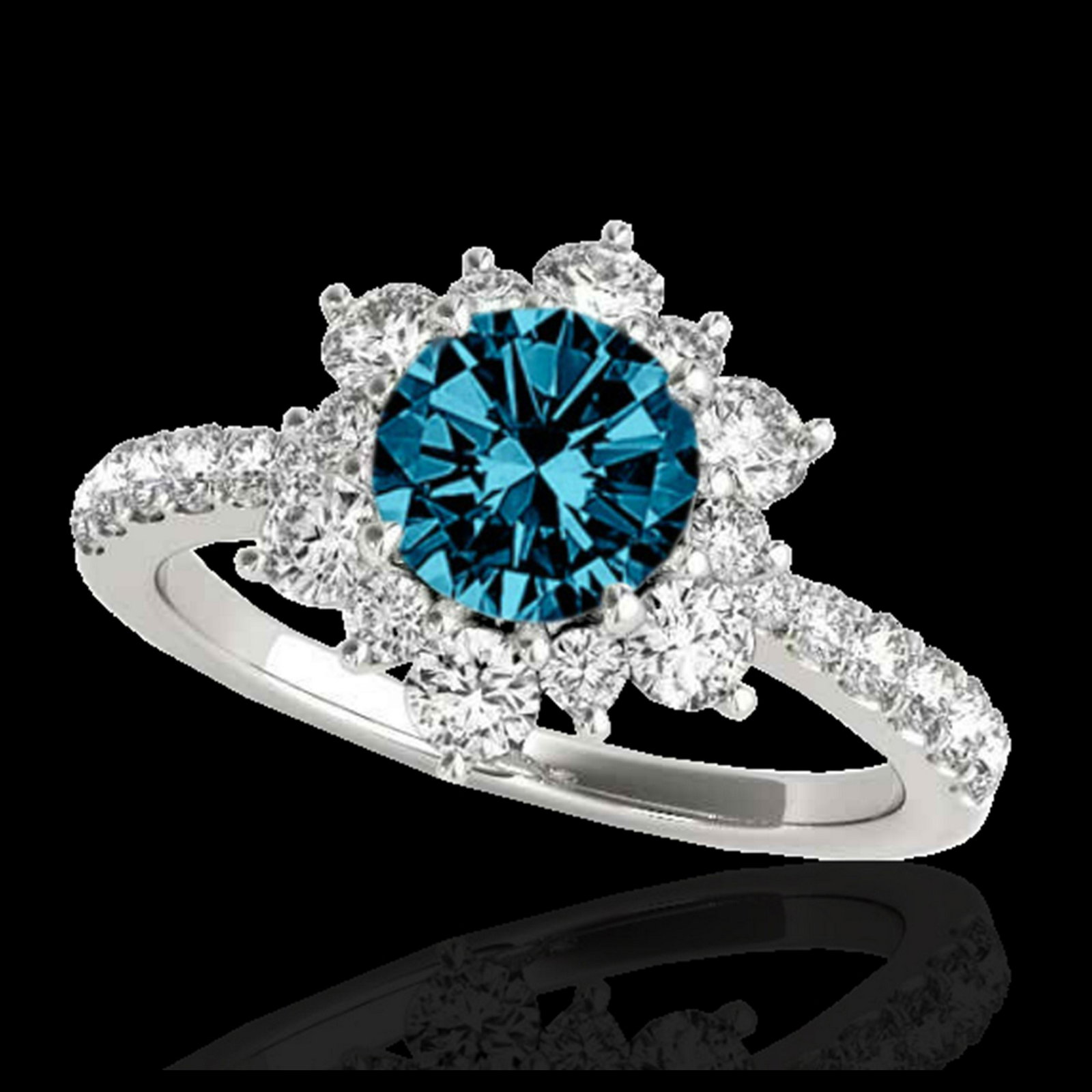 2 ctw SI Blue Diamond Solitaire Halo Ring 10K White: REF-150X2R - SKU:33711 ---- 2 ctw SI Blue Diamond Solitaire Halo Ring 10K White Gold Designer Brand Luxury Jewelry, made in the USA Suggested Retail Price: $12,100 Factory offers perfect factory sizin