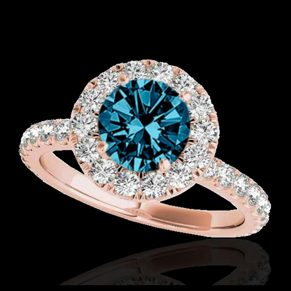 2 ctw SI Fancy Blue Diamond Solitaire Halo Ring 10K: REF-170N5A - SKU:33451 ---- 2 ctw SI Fancy Blue Diamond Solitaire Halo Ring 10K Rose Gold Designer Brand Luxury Jewelry, made in the USA Suggested Retail Price: $15,000 Factory offers perfect factory 
