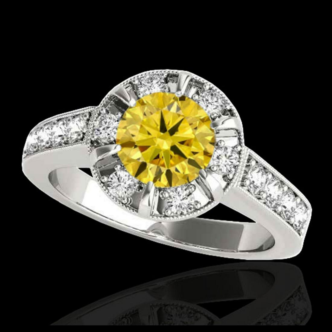 2 ctw SI/I Fancy Intense Yellow Diamond Halo Ring 10K: REF-177Y3X - SKU:34493 ---- 2 ctw SI/I Fancy Intense Yellow Diamond Halo Ring 10K White Gold Designer Brand Luxury Jewelry, made in the USA Suggested Retail Price: $14,300 Factory offers perfect facto