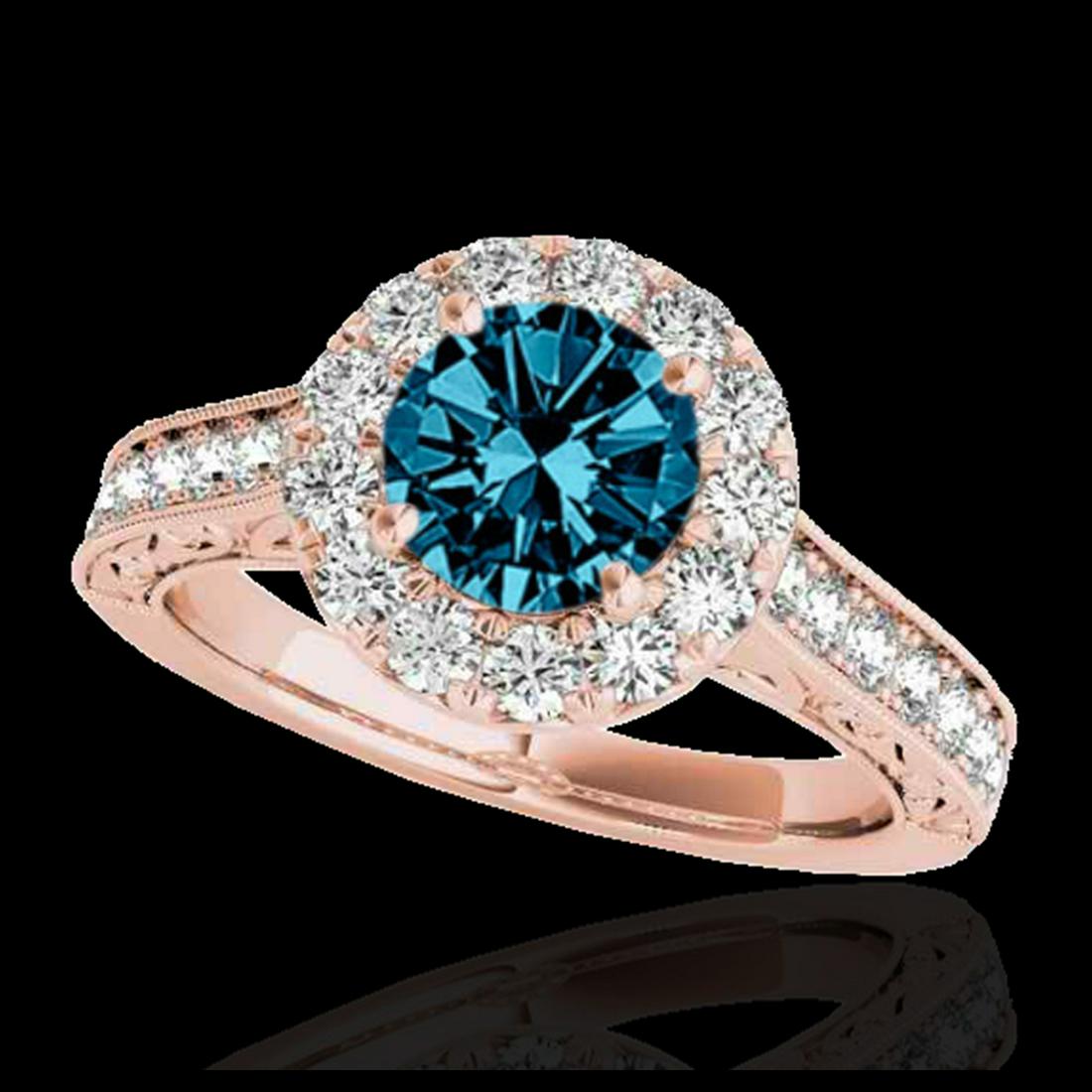 1.70 ctw SI Fancy Blue Diamond Solitaire Halo Ring 10K: REF-177W3H - SKU:33730 ---- 1.70 ctw SI Fancy Blue Diamond Solitaire Halo Ring 10K Rose Gold Designer Brand Luxury Jewelry, made in the USA Suggested Retail Price: $14,300 Factory offers perfect facto