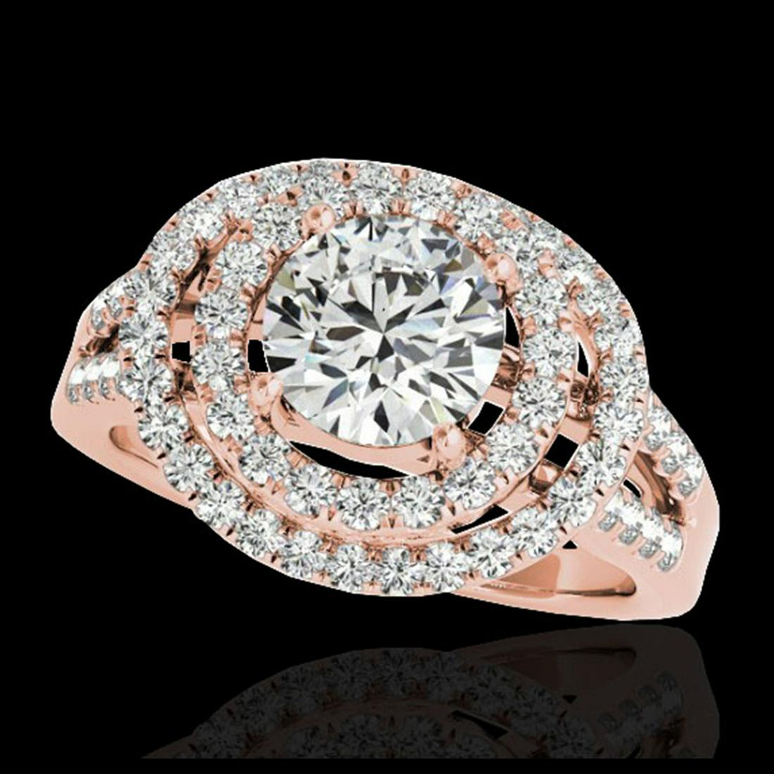 1.75 ctw H-SI/I Diamond Solitaire Halo Ring 10K Rose: REF-177Y3X - SKU:34284 ---- 1.75 ctw H-SI/I Diamond Solitaire Halo Ring 10K Rose Gold Designer Brand Luxury Jewelry, made in the USA Suggested Retail Price: $13,000 Factory offers perfect factory sizi