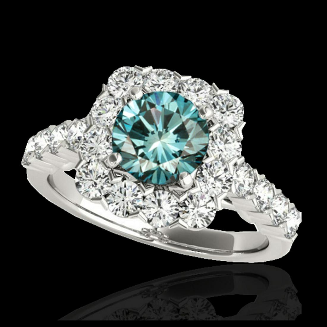 2.5 ctw SI Fancy Blue Diamond Solitaire Halo Ring 10K: REF-190M9F - SKU:33348 ---- 2.5 ctw SI Fancy Blue Diamond Solitaire Halo Ring 10K White Gold Designer Brand Luxury Jewelry, made in the USA Suggested Retail Price: $16,800 Factory offers perfect facto