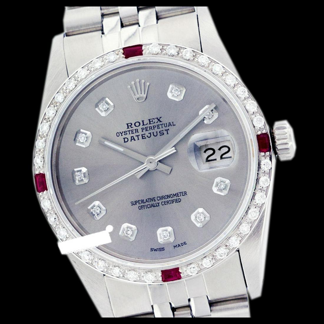 Rolex Men's Stainless Steel, QuickSet, Diam Dial &: REF-521N7A ---- Rolex Men's Stainless Steel, QuickSet, Diam Dial & Diam/Ruby Bezel This watch is in Excellent Condition. Newly serviced & Polished to Factory specifications. Prepetual, Self-Winding mo