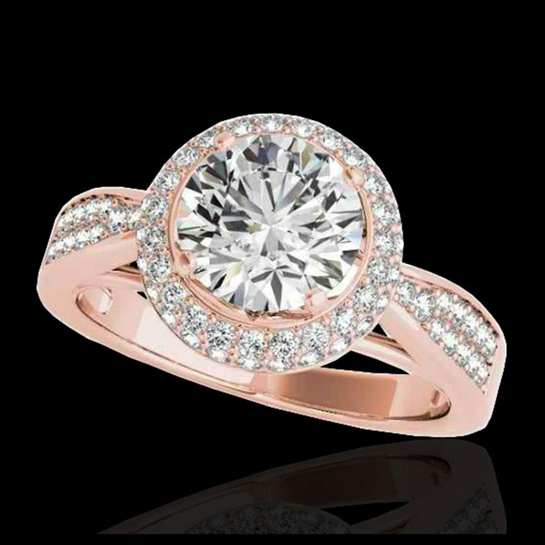 2.15 ctw H-SI/I Diamond Solitaire Halo Ring 10K Rose: REF-381Y8X - SKU:34415 ---- 2.15 ctw H-SI/I Diamond Solitaire Halo Ring 10K Rose Gold Designer Brand Luxury Jewelry, made in the USA Suggested Retail Price: $28,000 Factory offers perfect factory sizi